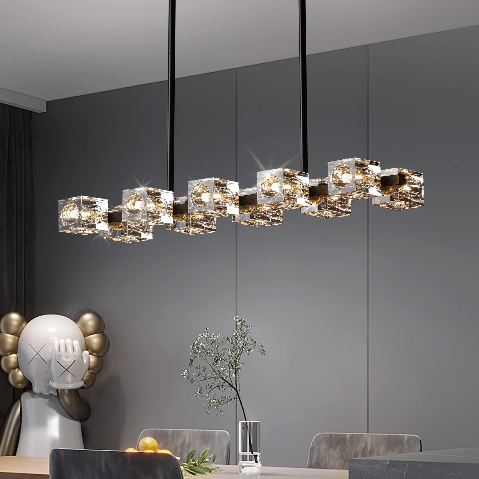 Okes Dining Room Light Fixture,Modern Crystal Chandeleirs Semi Flush Mount Ceiling Light Fixture,Black Metal Crystal Pendant Lig