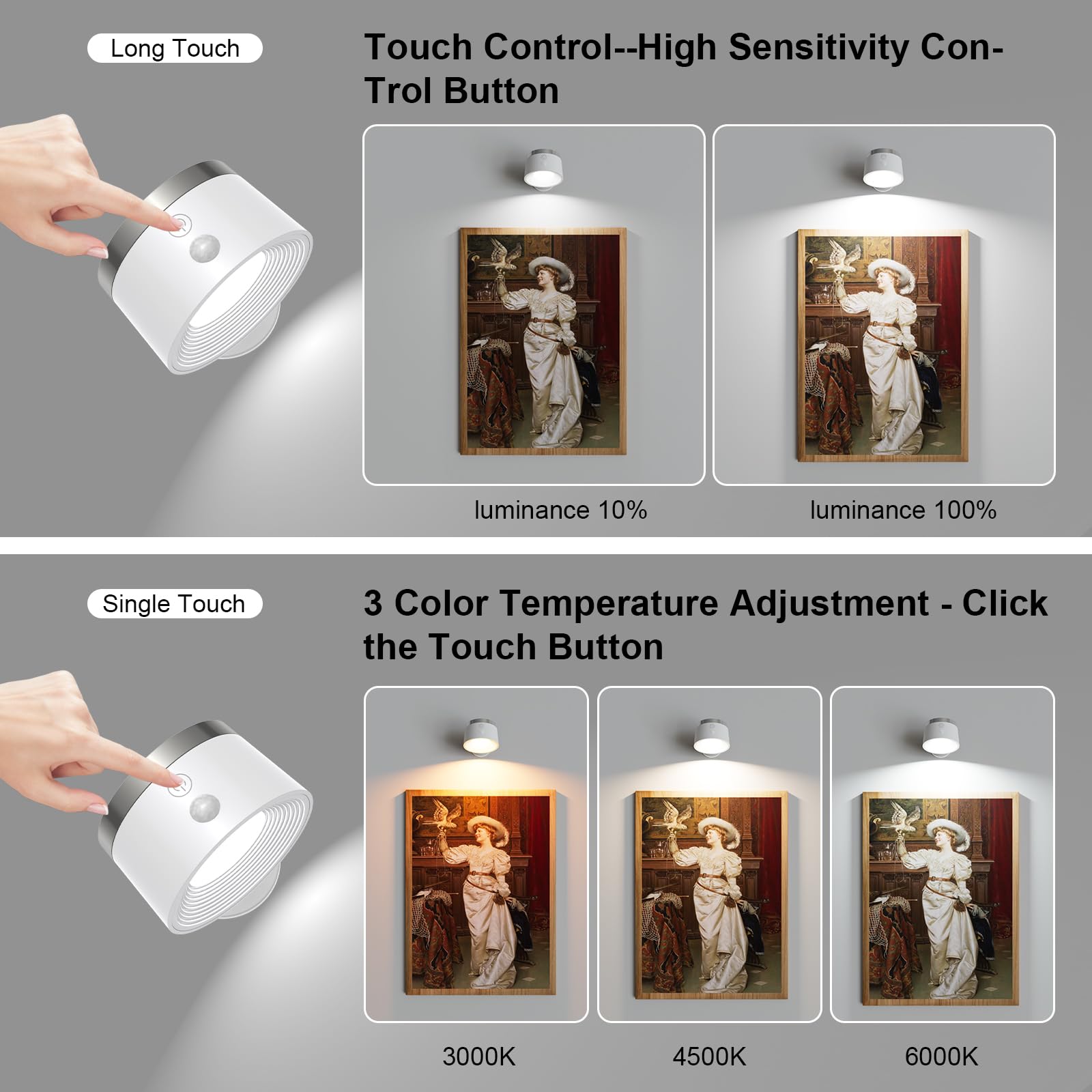 Moobibear Motion Sensor Wall Light, 3500mAh Battery, 3 Color Temperatures, 360° Rotation, White, Model GANYINGFUTI, 1 PC