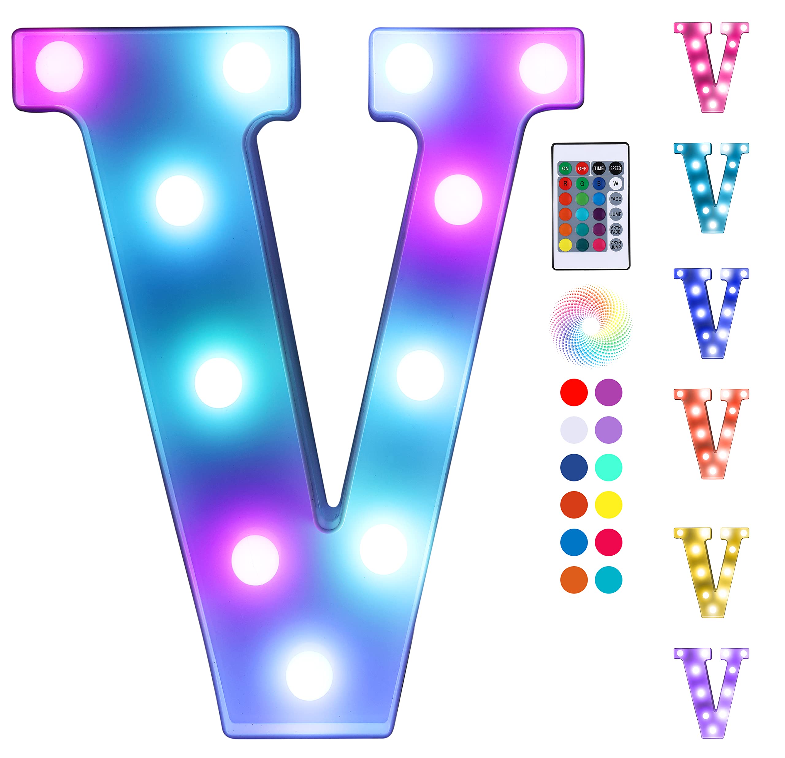 Foaky Colorful LED Letter Lights with Remote,Marquee Light Up Letters Sign for Night Light Wedding/Birthday Party Battery Powered Christmas Lamp Home Bar Decoration(V)