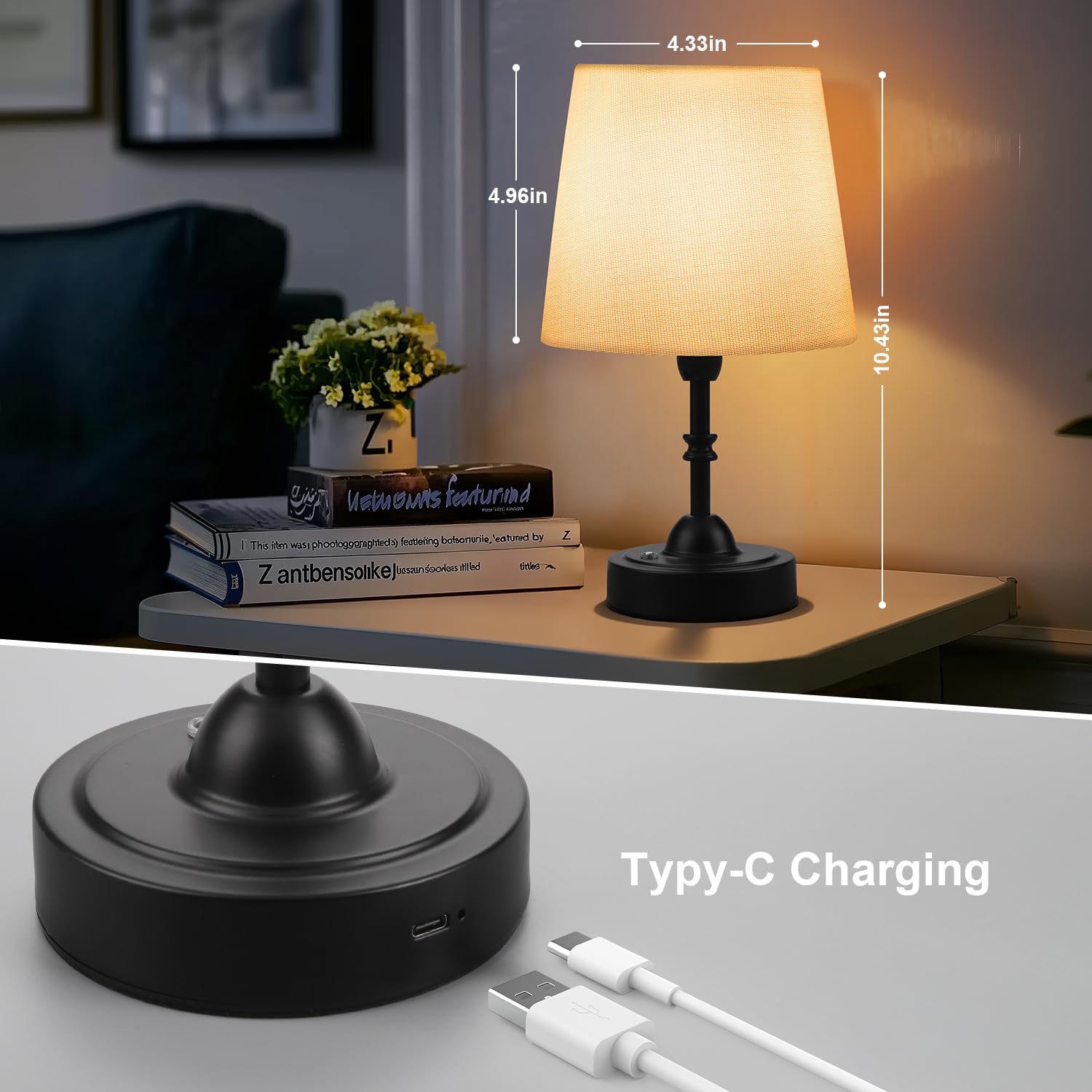 Swinerton Portable Cordless Table Lamp, 3-Level Dimmable, 10.43" Black Metal, Rechargeable Battery Operated, Model 80010499