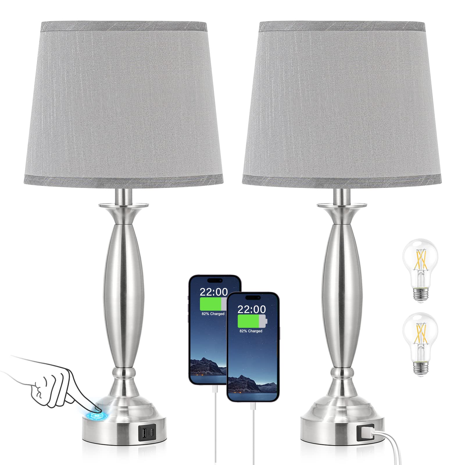Seealle Touch Control Bedside Lamp Set of 2, 3 Way Dimmable, Metal, 22.5in, A. Grey Shade and Nickel Base