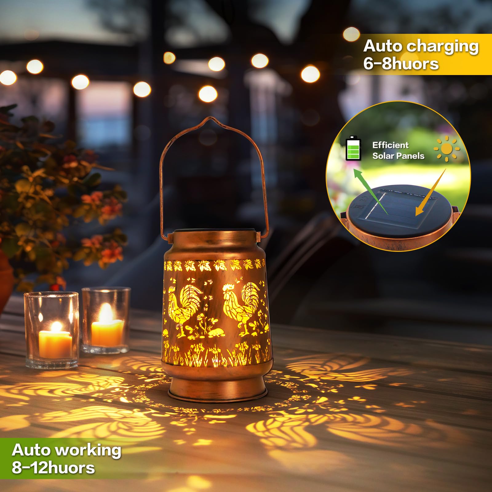 ZASOWUUO Rooster Decorative Solar Lanterns for Outdoor Garden, Waterproof, Bronze, Model ZA-DL-ROOSTER
