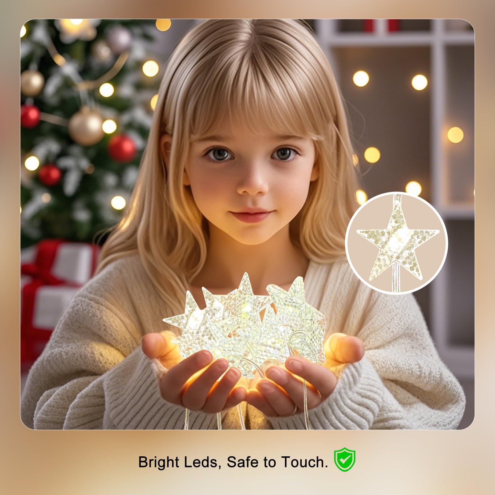 Patioman Star Curtain Lights, Warm White LED Twinkle String Lights, 70 Stars, Remote Control, Model PMFL02