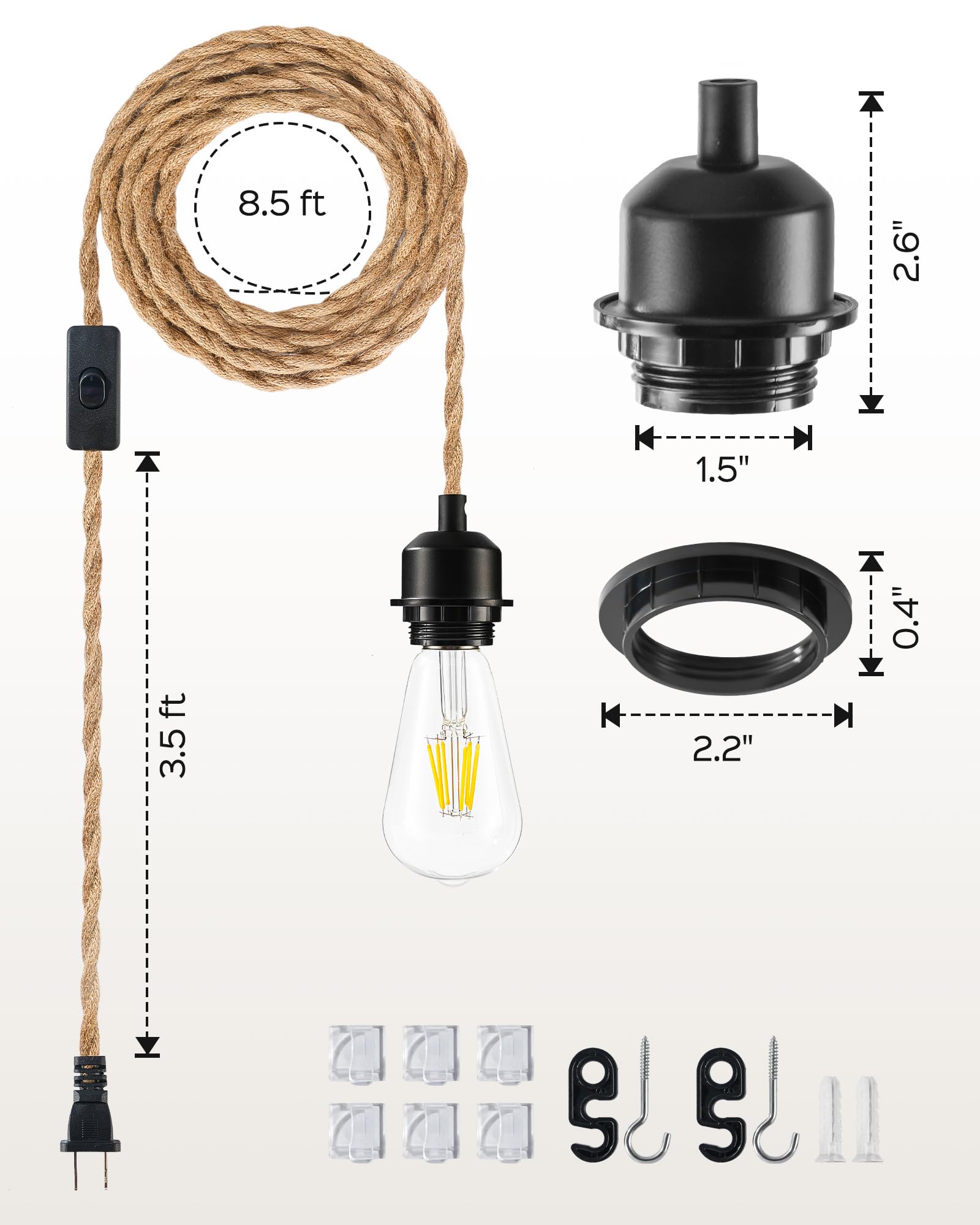 JACKYLED Hanging Lamp Cord Kit with Switch, 12FT Vintage Light Fixture, E26 Compatible, Black, Model JKPL02-5060001A