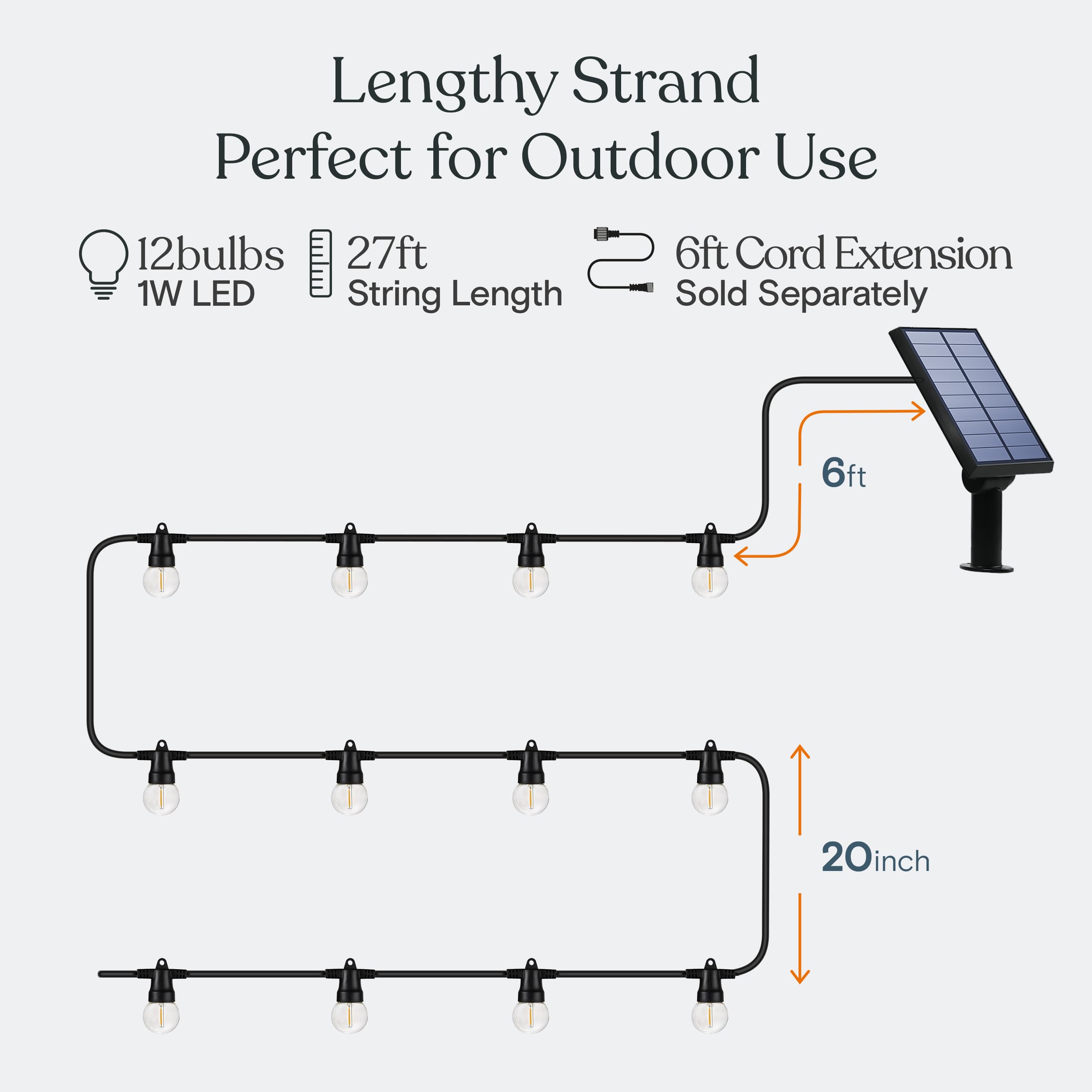 Brightech Ambience Pro Solar LED String Lights - 27 Ft Waterproof Bistro Lights - Soft White - G40Solar - Retro Edison Bulbs