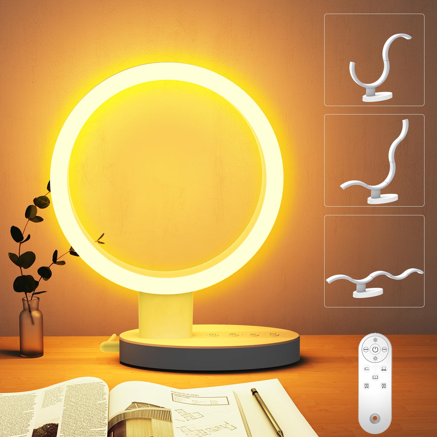 Transformable Circular Led Table Lamp For Bedroom With Remote Control, Small Modern Adjustable Touch Bedside Lamp For Living Roo