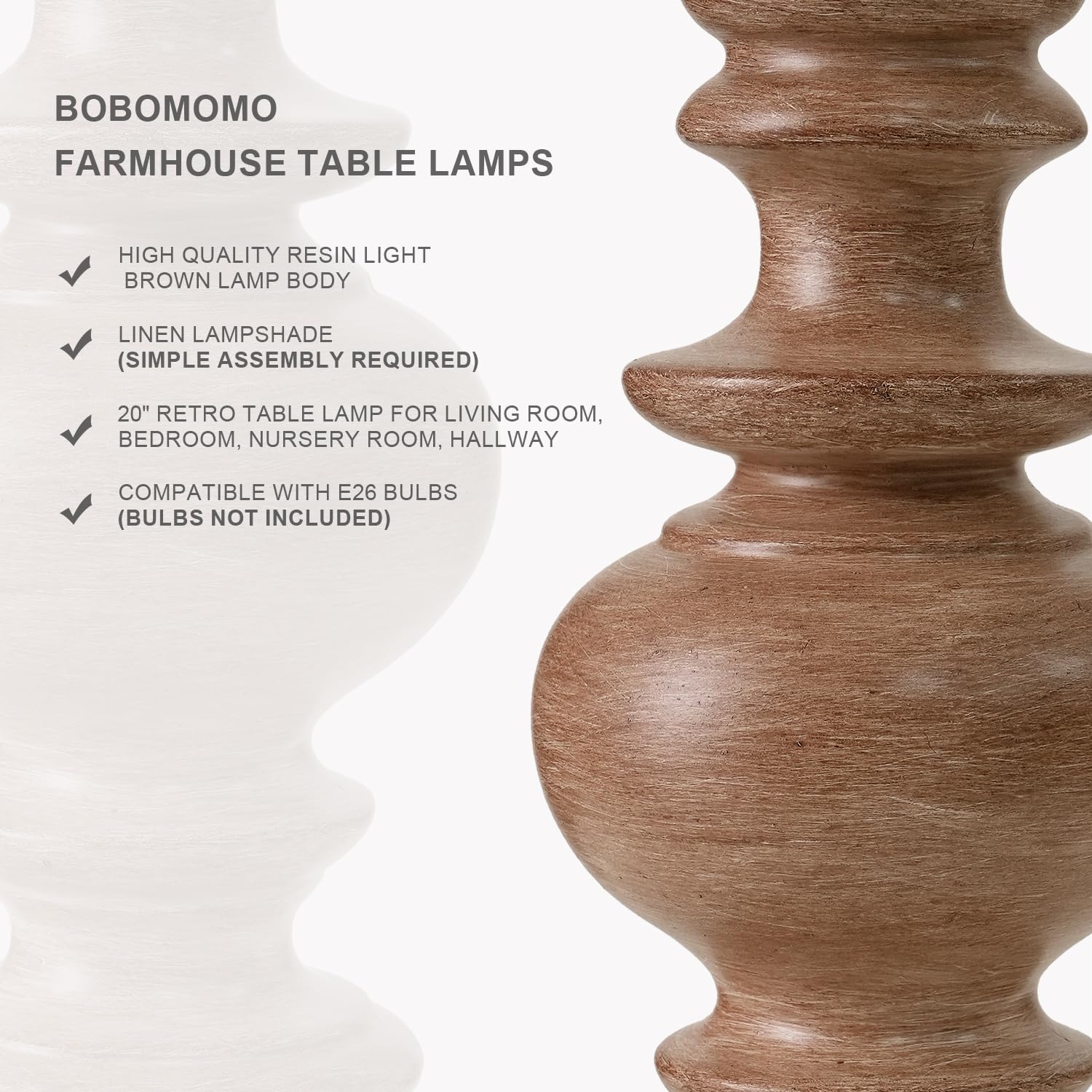 BOBOMOMO Rustic Bedside Lamps Set of 2, Vintage Resin Table Lamps, 20in Small, Light Brown, Ideal for Nightstands and Compact Spaces