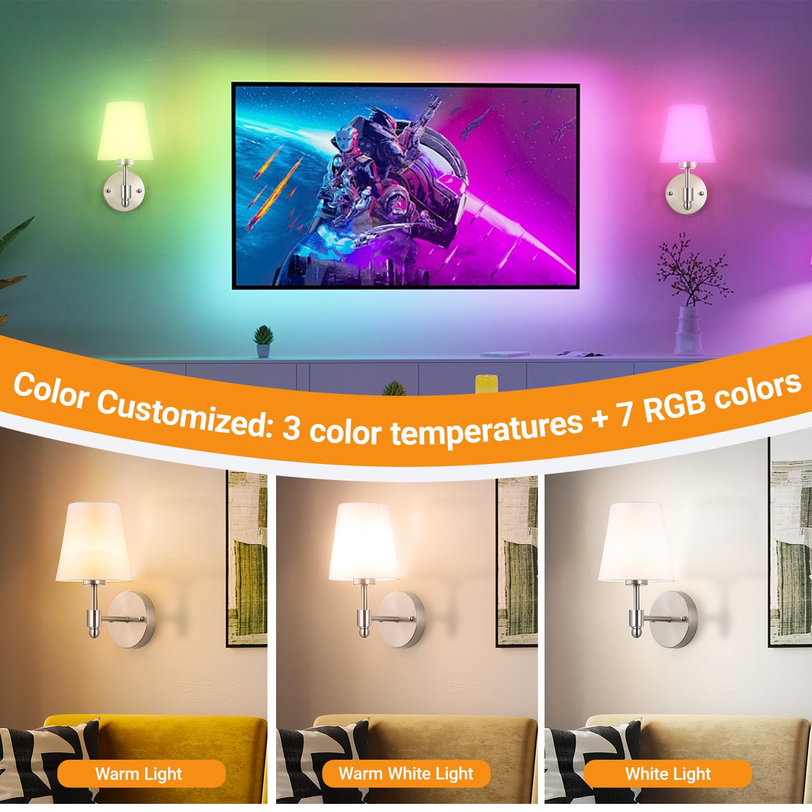 Nekhung Battery Operated Wall Sconces Set of 2, Wireless RGB Rechargeable Lights with Remote Control, Nickel, One Size