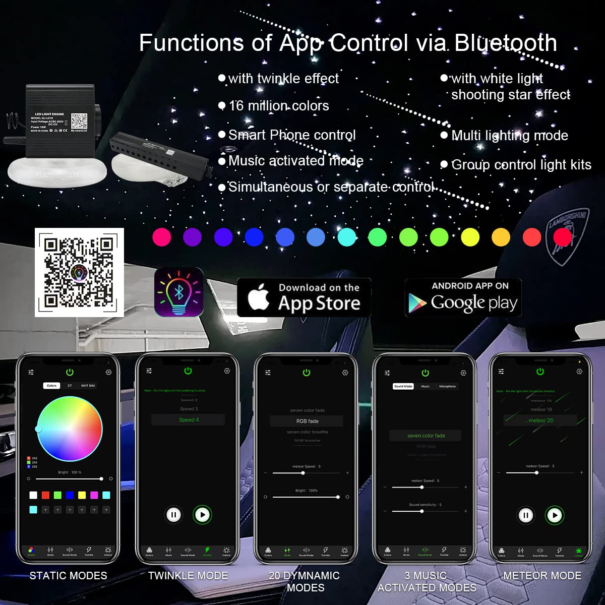 Akepo 16W Rgbw App Small Size Twinkle Meteor Fiber Optic Lights, Music Activated 650Pcs 0.03In 13.1Ft/4M Optical Fiber Star Ceil