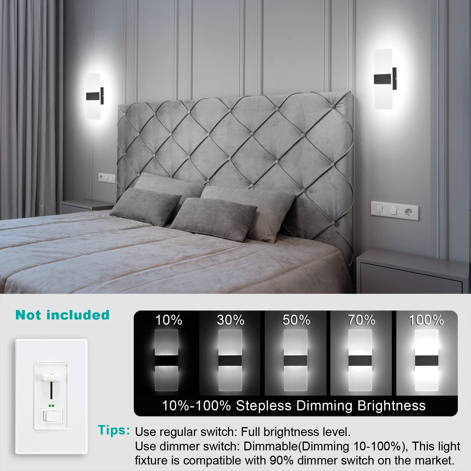 TRLIFE Dimmable Wall Sconces Set of 2 Hardwired LED Lights 12W Cool White Black Brushed Aluminum YKL-6000K-Bla