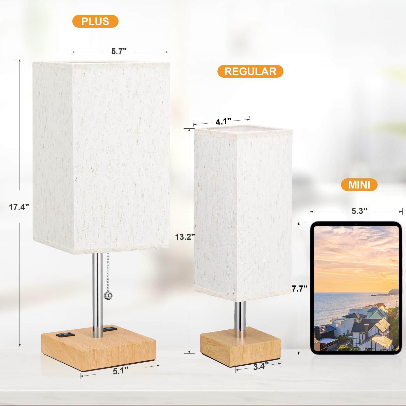 Cream Bedroom Table Lamps Set Of 2 - Bedside Lamps For Nightstand, Minimalist Night Stand Light With Square Fabric Shade, Desk R