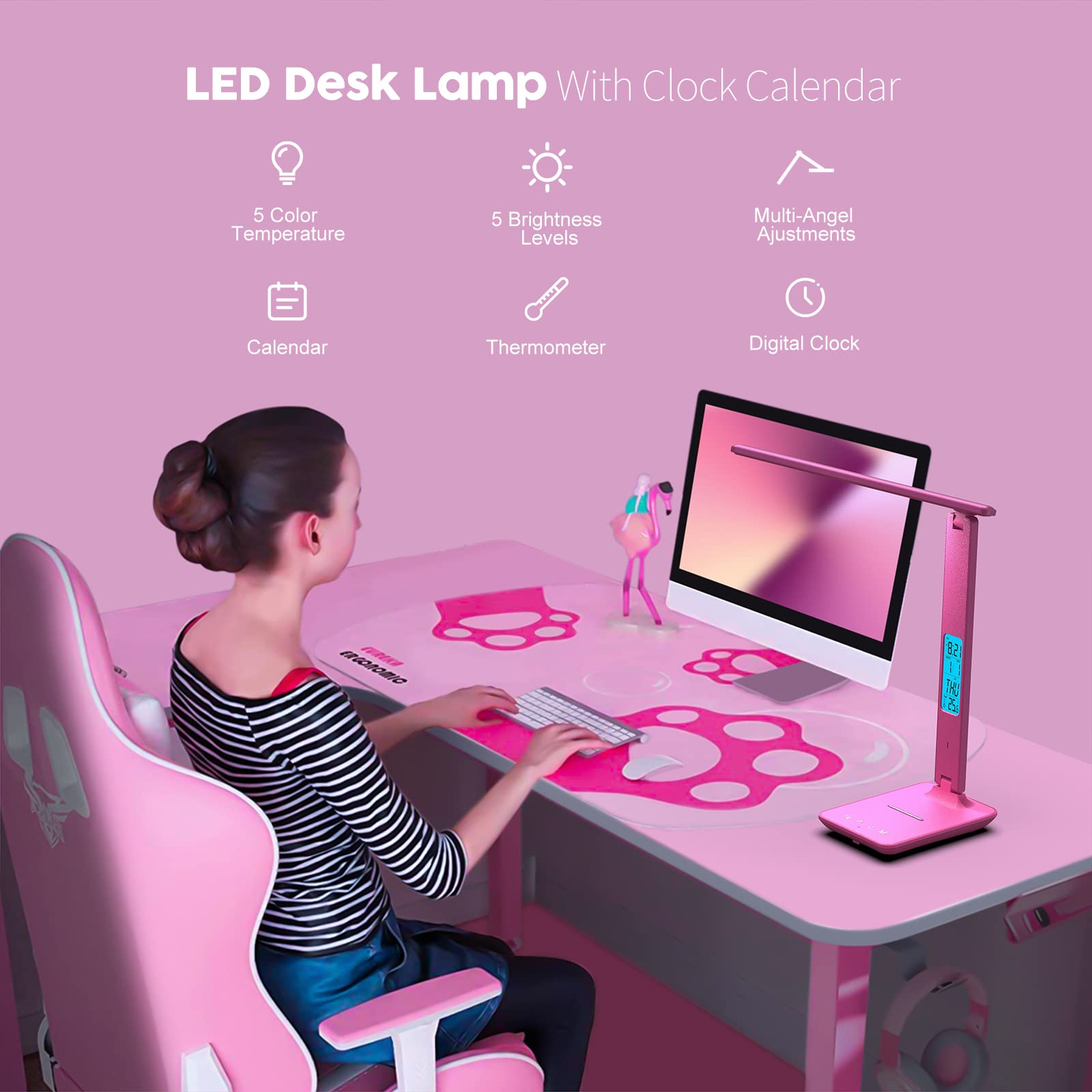 Poukaran LED Desk Lamp with Wireless Charger, USB Port, Clock & Alarm - Pink