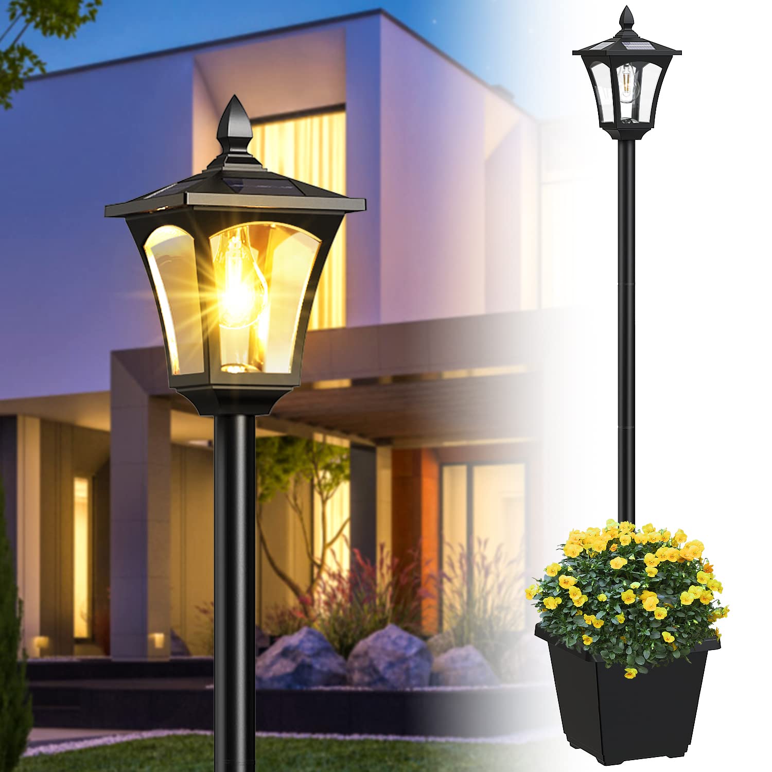 ILANCK Solar Outdoor Lamp Post Light, 64 Inch, 60 Lumen, Waterproof, Black, Stainless Steel, Model BE-09F