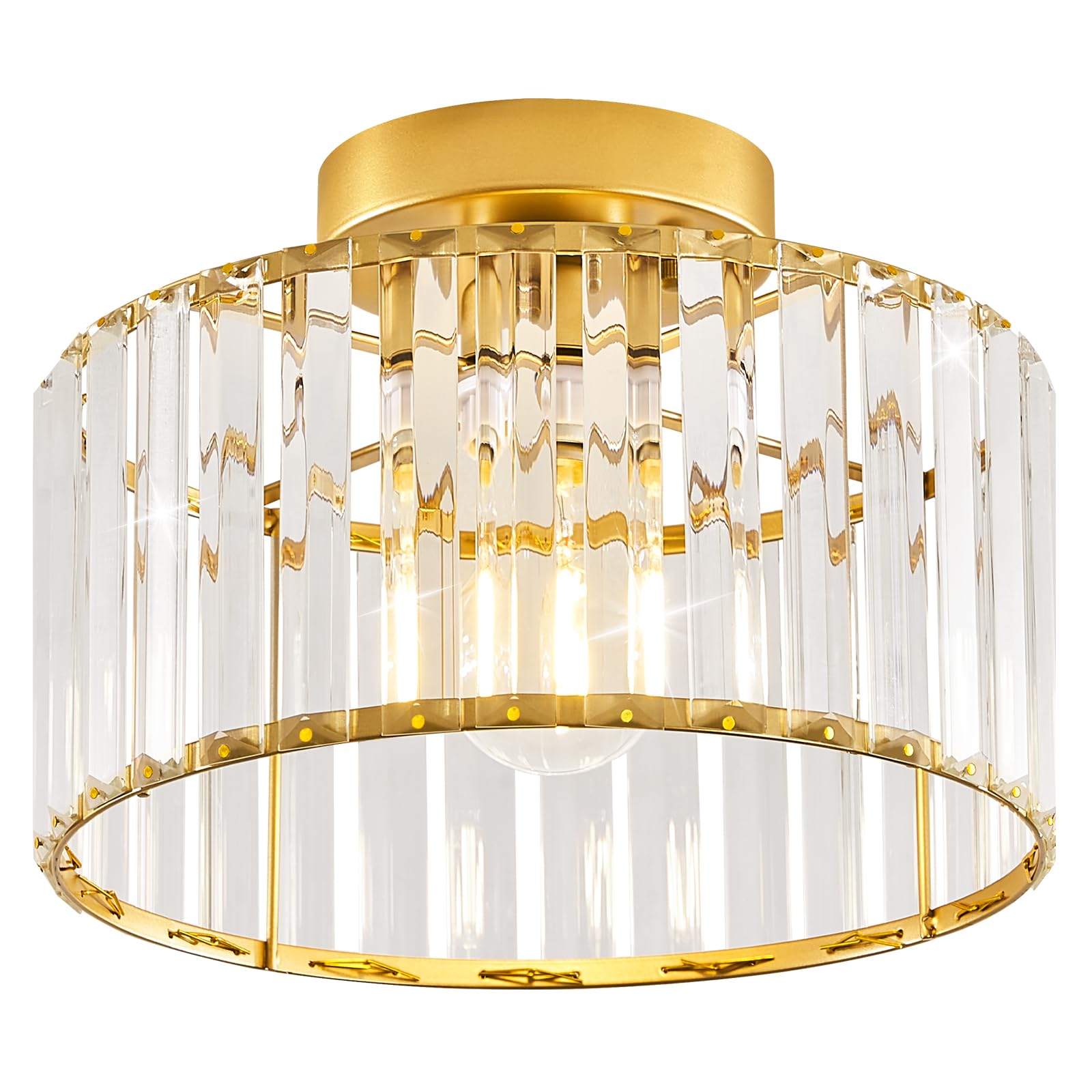 Pevfah Crystal Gold Ceiling Light, Modern Semi Flush Mount Ceiling Lighting Fixture, Round Hallway Ceiling Lights for Bathroom K