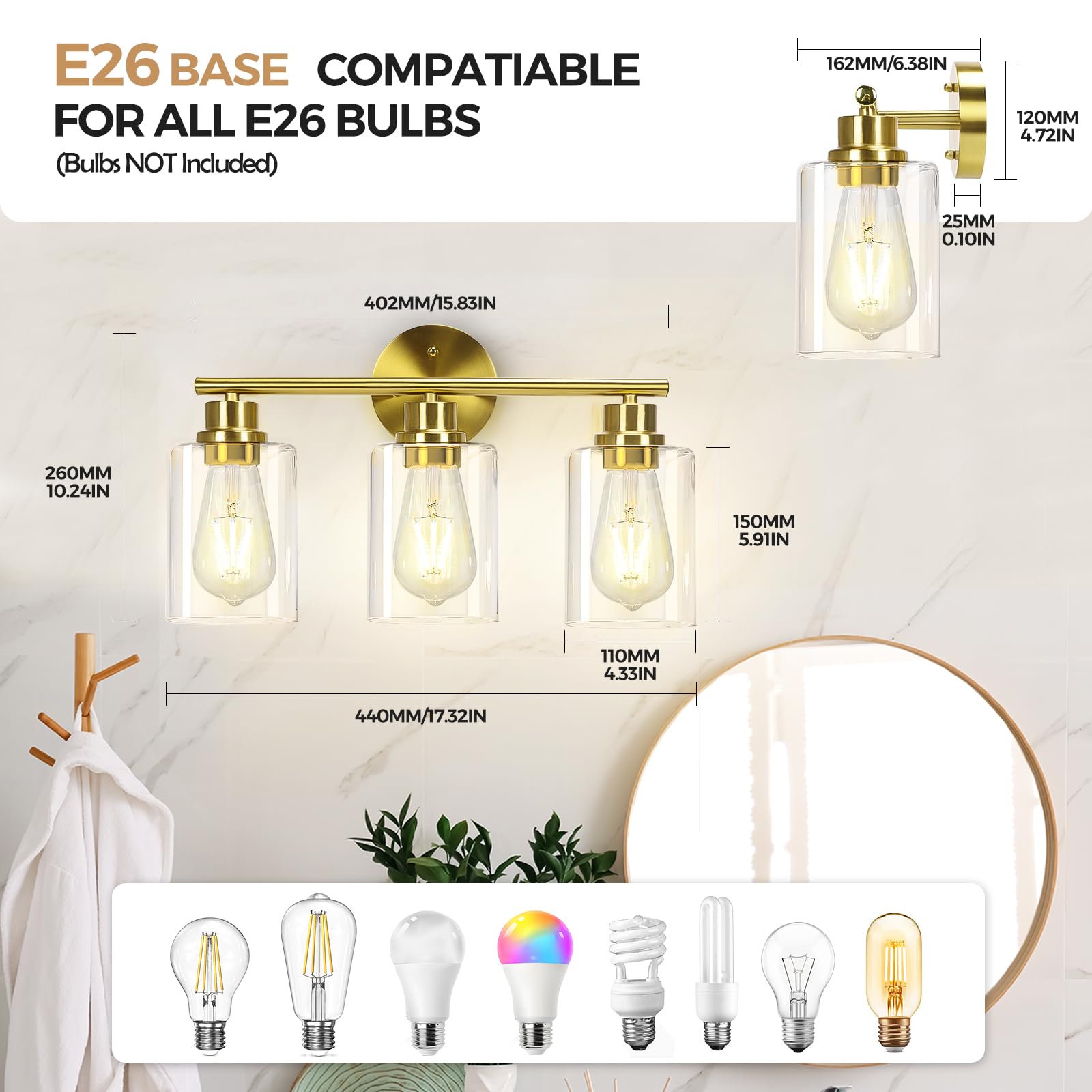 3-Light Brushed Gold Bathroom Vanity Lighting Fixtures Over Mirror, Modern Wall Sconces With Clear Glass Shade, Wall Mounted Lamp For Bedroom Hallway Living Room Kitchen,Bulb Not Included