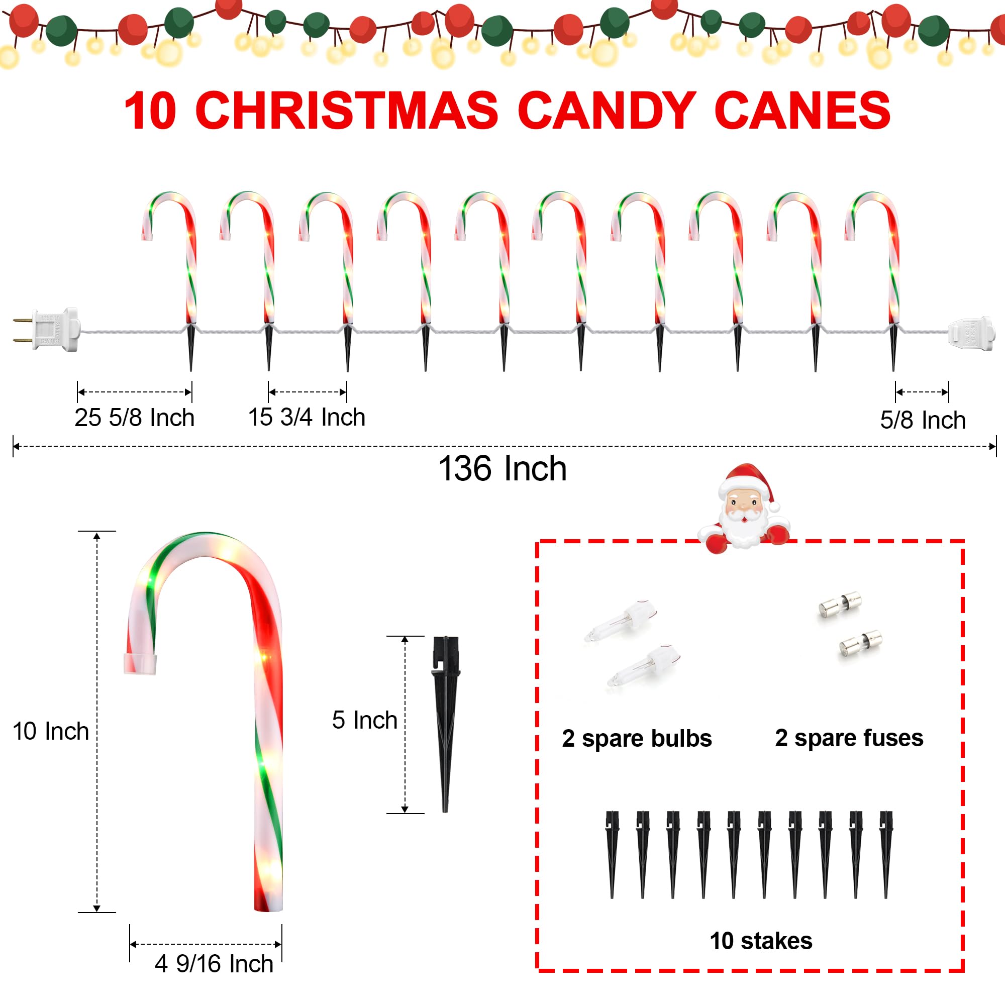 Ultimate Unicorn 10in Candy Cane Lights, Multi-colored, ABS, Model HCH-50/1FD39, 10PCS for Outdoor Decoration