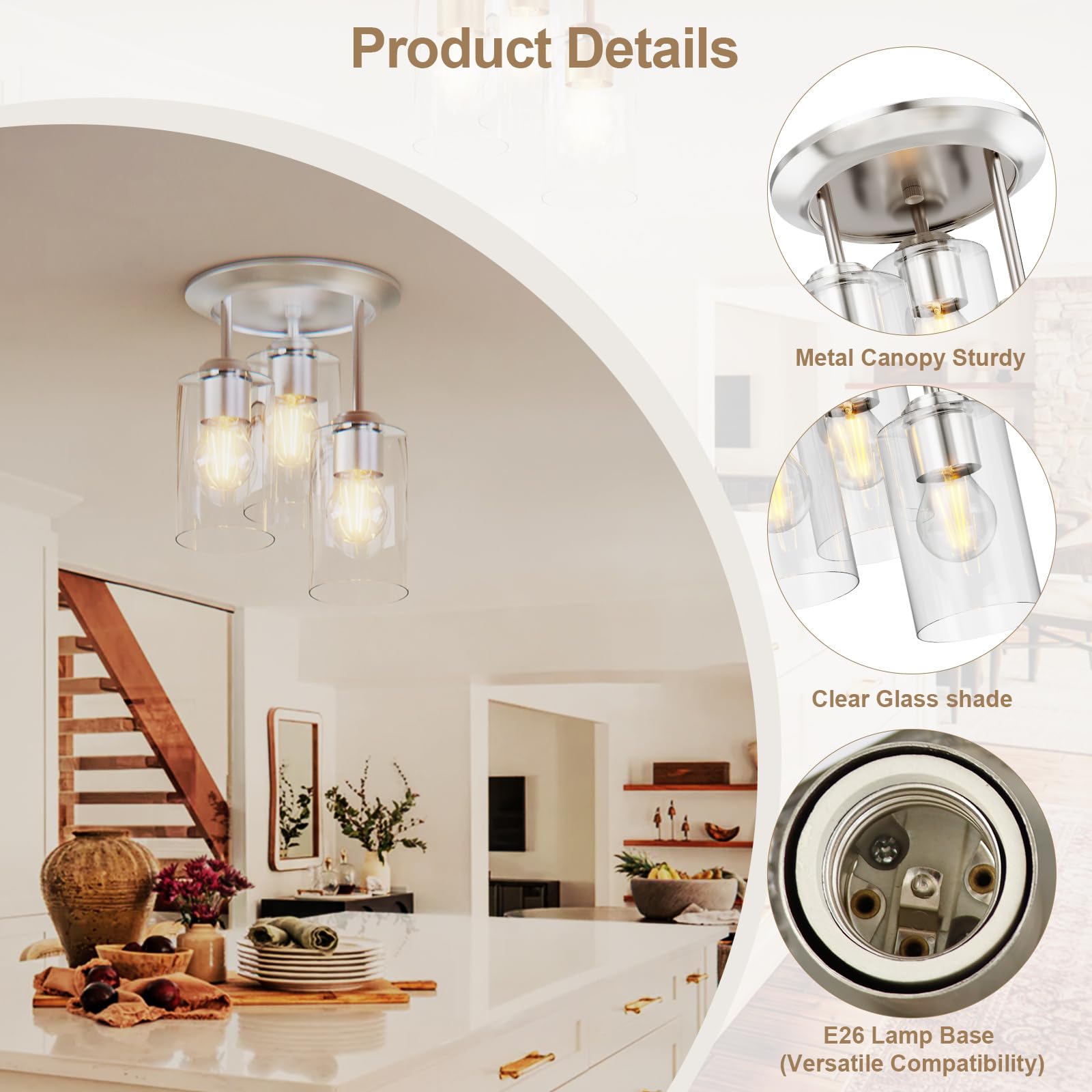 Semi Flush Mount Ceiling Light - 3-Light Ceiling Light Fixtures, Kitchen Lighting Fixtures Ceiling With Clear Glass Shades, Light Fixtures Ceiling Mount For Hallway, Foyer Entryway, Bedroom (Silvery)