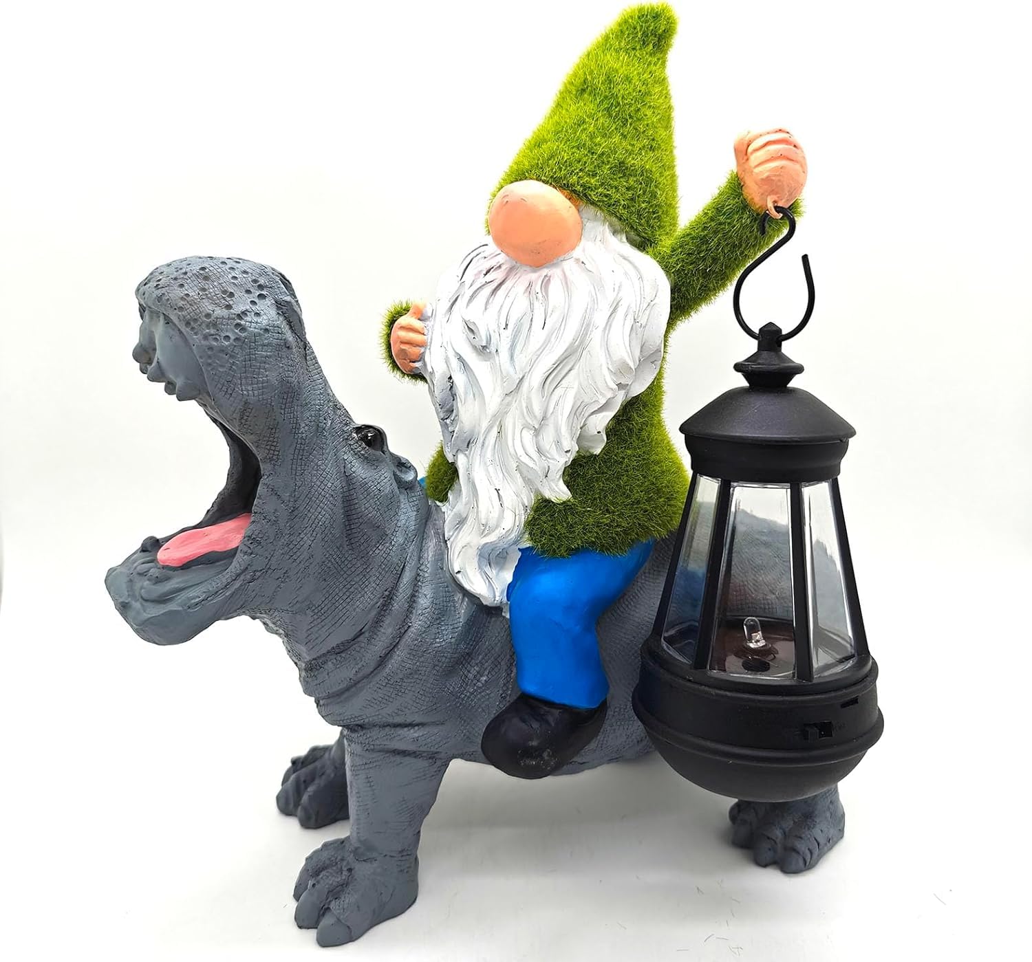 MONMOB 11.8 Gnome Riding Hippo Solar Statue Gnome Solar Statues with Solar Lantern Hippo Garden Decor Patio Balcony Yard Lawn Un