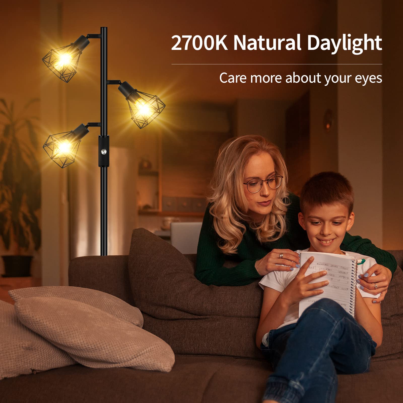 Floor Lamp, Industrial Floor Lamps For Living Room,Tree Standing Lamp Bright With 3 Charm Diamond Head 1200 Lumens Edison Bulbs