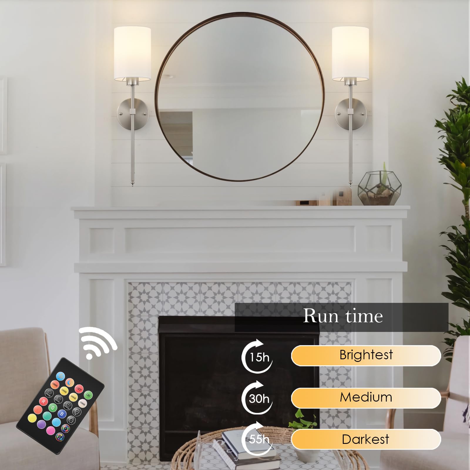 KARTOOSH Battery Operated Wall Sconce Set of Two, Wireless Rechargeable, Dimmable 1800K-6000K, 26.8 Inch, Nickel, Model ZM