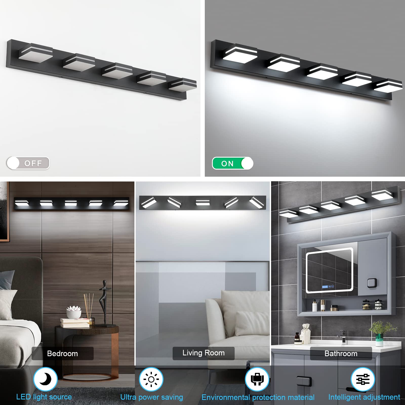 SineRise 5-Light LED Bathroom Vanity Light Fixtures, 40-Inch, Matte Black, Modern Acrylic, Model 9553E, Cool White 6000K