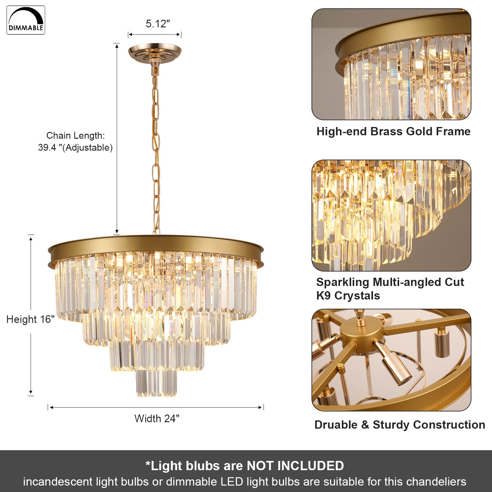 A AXILIXI Modern Crystal Chandelier, 24" Gold Raindrop 12-Light Pendant Light Fixture for Dining Room, Entryway, Living Room - Model DH88318G-600