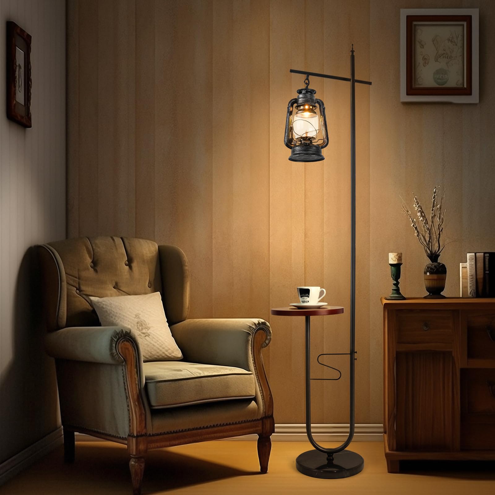 workluurop Vintage Floor Lamp with Table, Silver Finish, Rustic Farmhouse Design, Model HYZCJD761, Ideal for Living Room and Bedroom