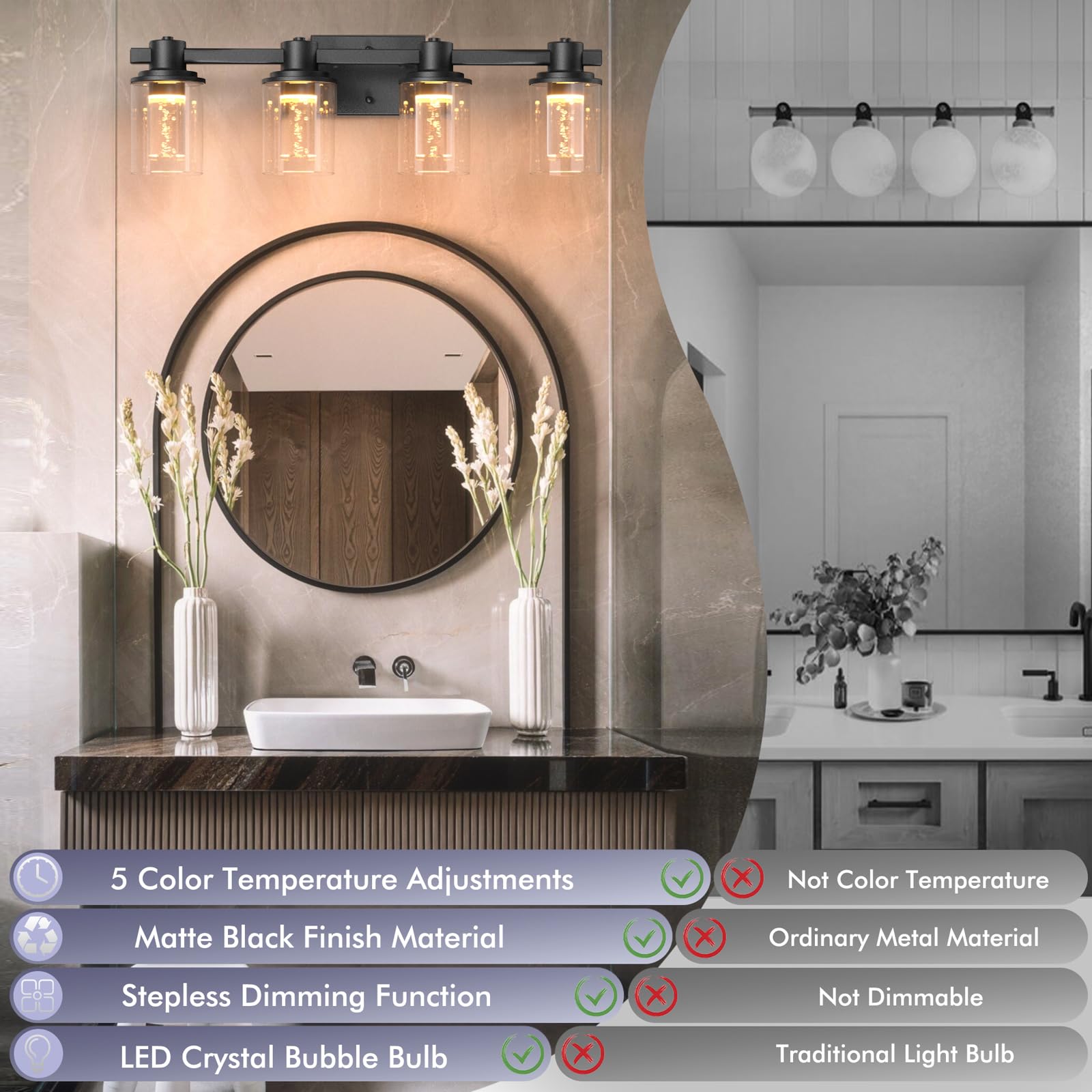 Quntis 4-Light Bathroom Light Fixture, Dimmable LED Vanity Lighting, Matte Black, 27 Inch, Model LI-HL-0003-4-HEJ, Bulbs Included