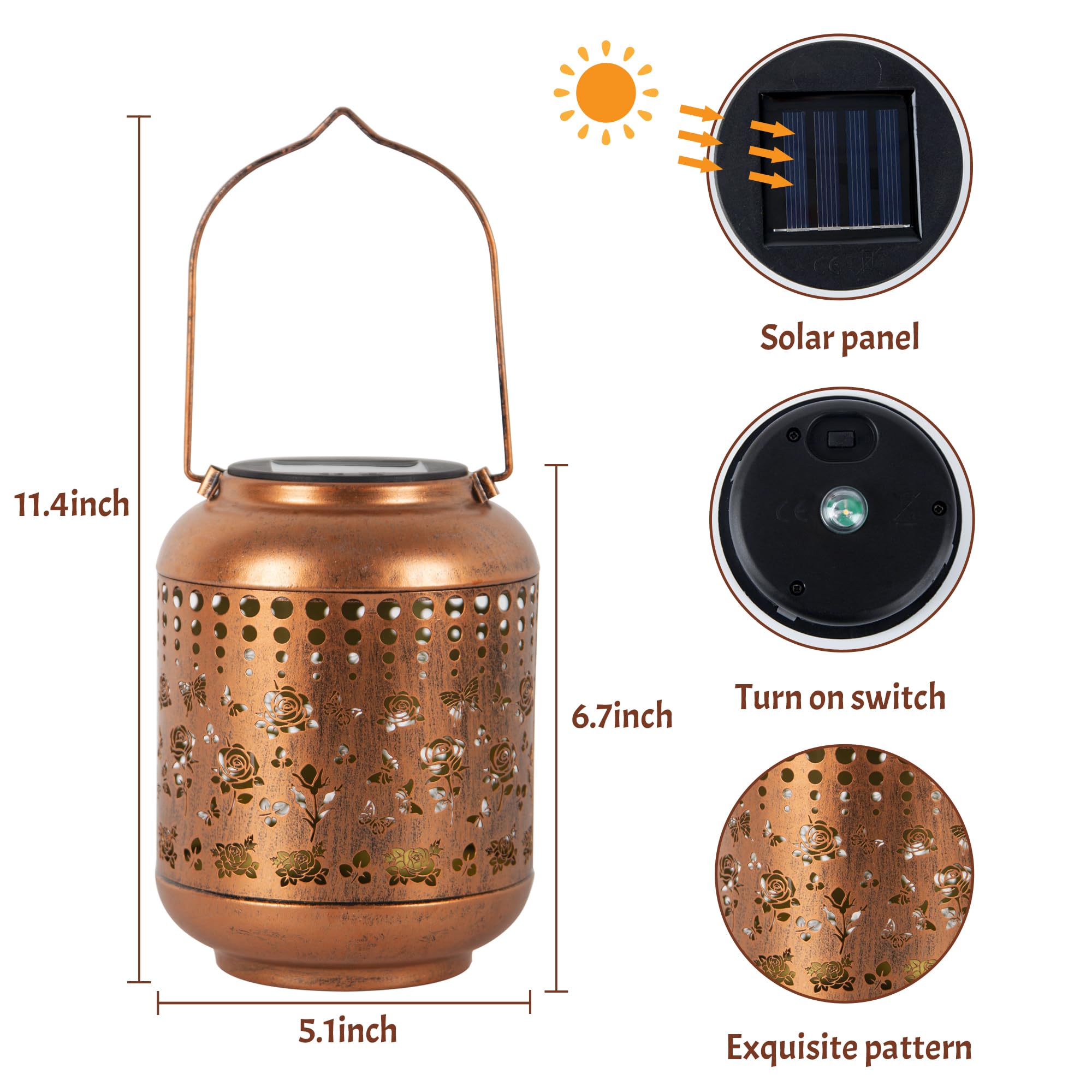 anytalk Solar Lantern - Waterproof Hanging Garden Decor, Iron, Rose, Model Deco&Dot-Lantern B