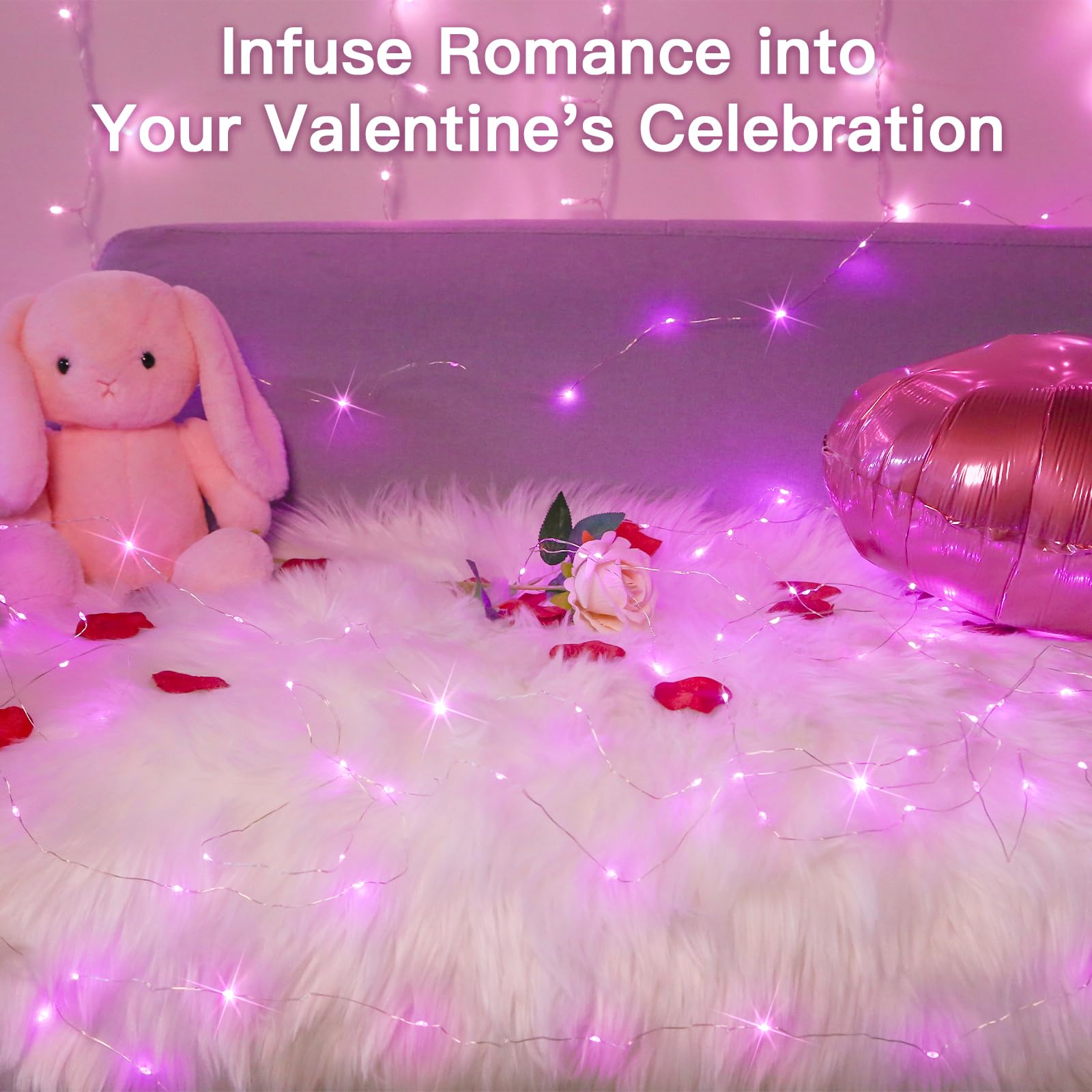 suddus Pink Fairy Lights Battery Operated Outdoor Waterproof, 66ft 200 Led String Lights with Remote, Twinkle Lights for Valenti