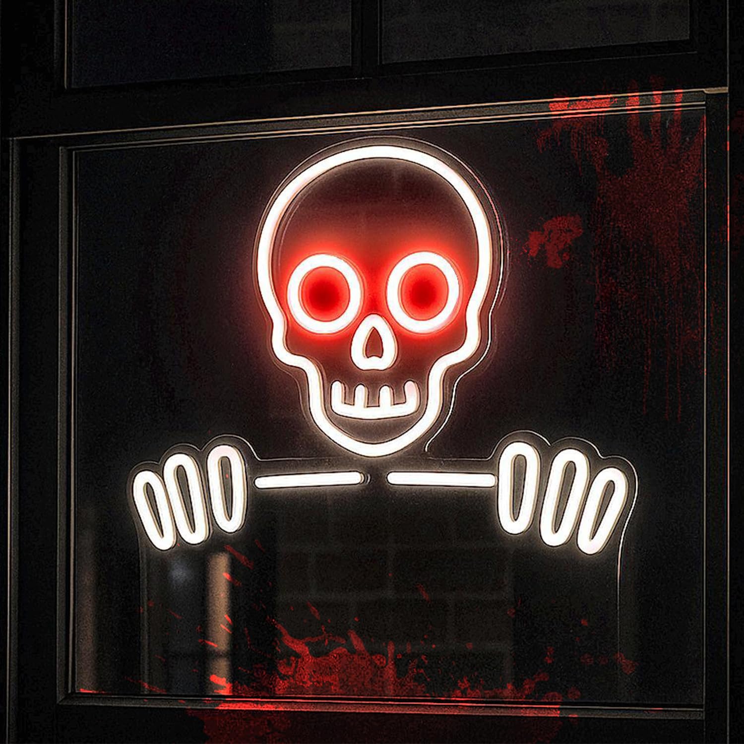 LIBFUGOR Skull & Skeleton Neon Sign, Dimmable LED Wall Light, USB Powered, 16’’×12.6’’, White Plastic Gothic Decor