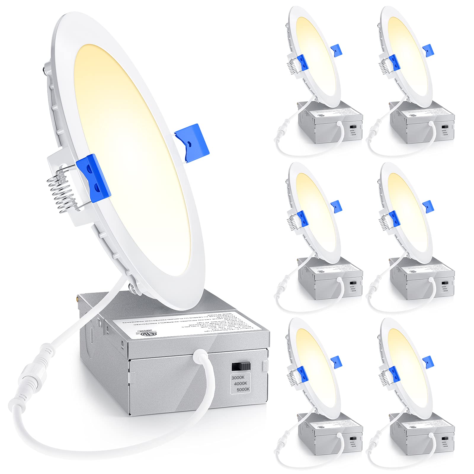 Ensenior 6 Pack 6 Inch Ultra-Thin Led Recessed Ceiling Light With Junction Box, 3000K/4000K/5000K Selectable, 12W 110W Eqv, Dimm