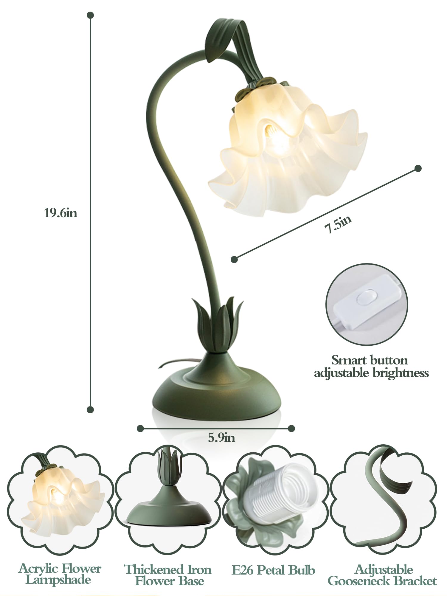 AQDZCNF Flower Table Lamp, LED Bedside Light, 3 Color Modes, Vintage Design, Green