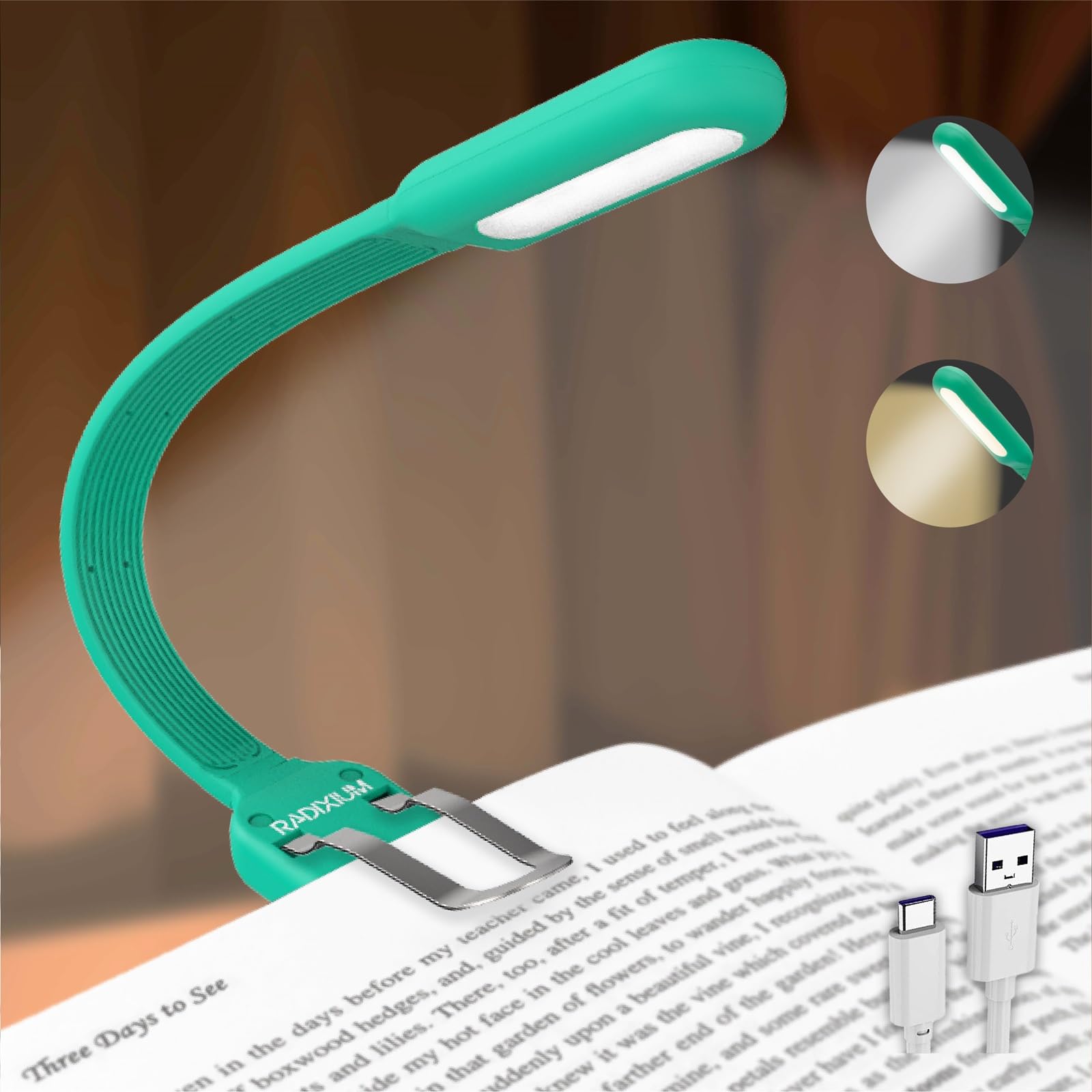 Radixium Slim Rechargeable Book Reading Light  Eye Caring Led With 4 Color Temperatures  Portable Clip On Book Light For Reading In Bed & Travelling. Prefect Elegant White Gift For Book Lover.(Green)