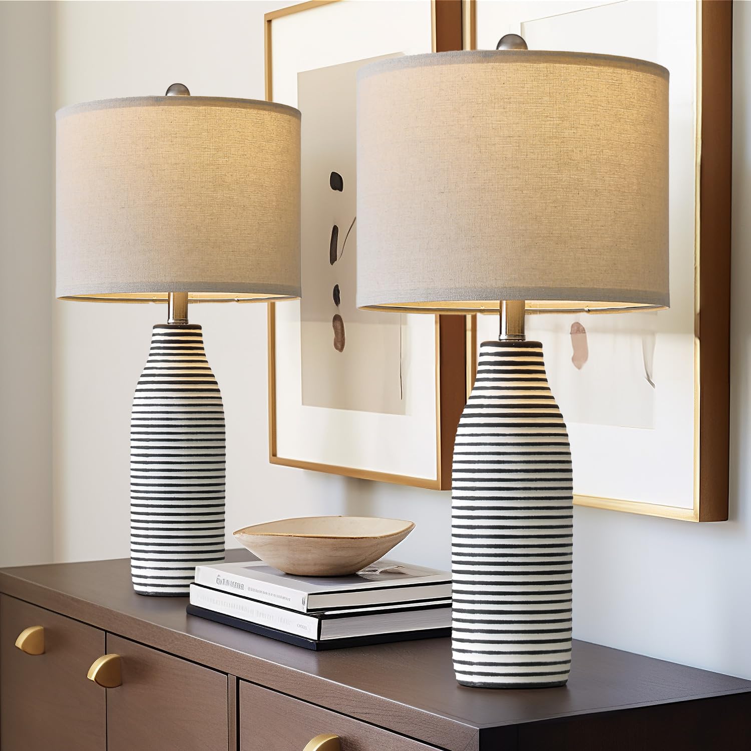 Usumkky 25'' Ceramic Table Lamps Set Of 2 Beside Lamps For Living Room Modern Bedroom Lamps For Night Stands With Rotary Switch