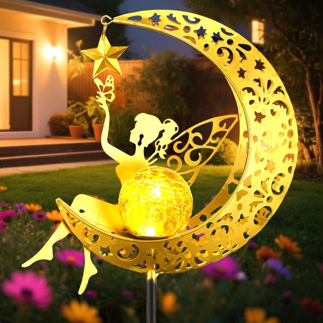 HSSD10 Fairy Garden Accessories - Solar Light Outdoor Statue for Yard, Lawn or Patio - Cute Metal Decoration for Garden Lovers