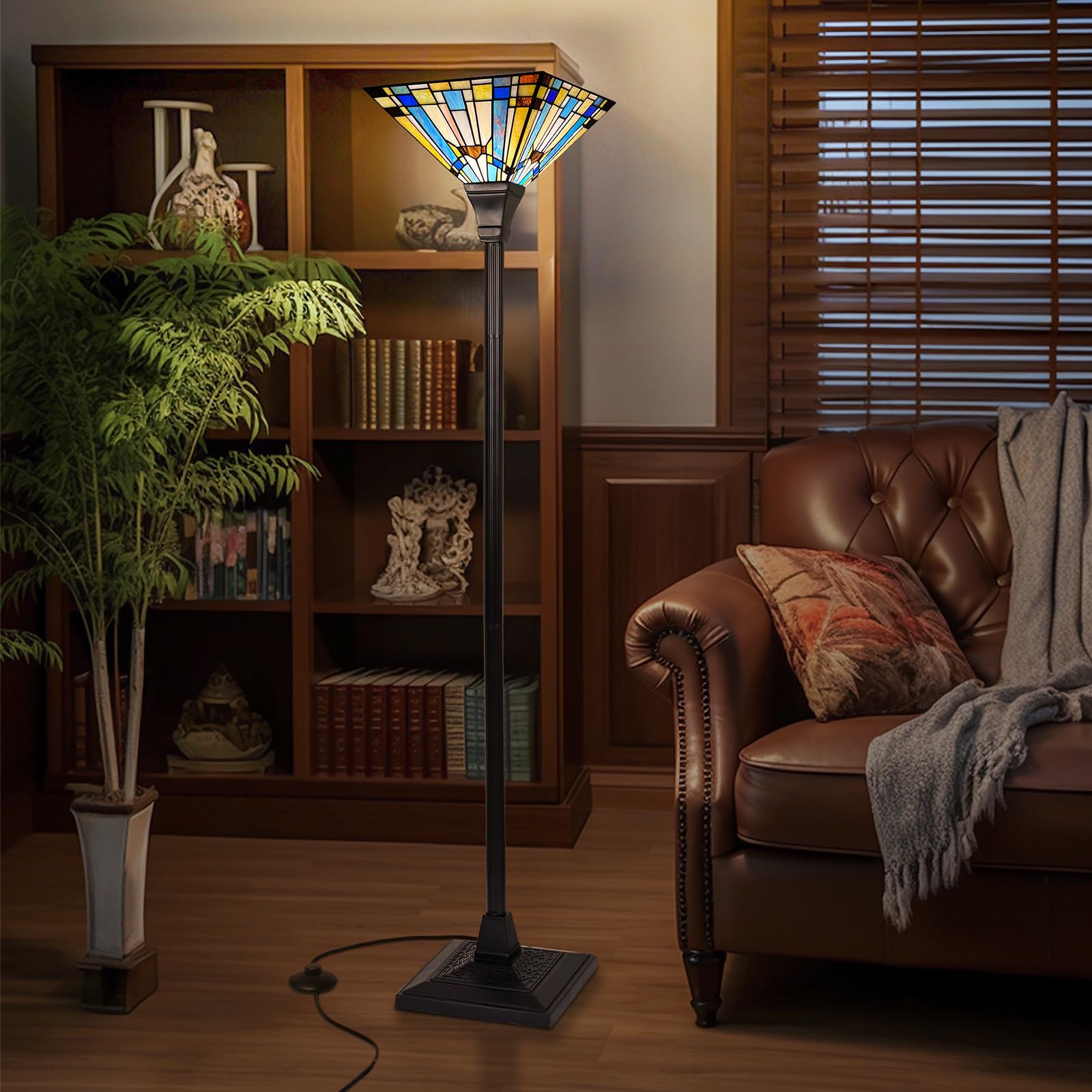 Capulina Tiffany Torchiere Floor Lamp - 70" Tall, Green Blue Rustic Style, Stained Glass Decor for Living Room, Bedroom, Home Office