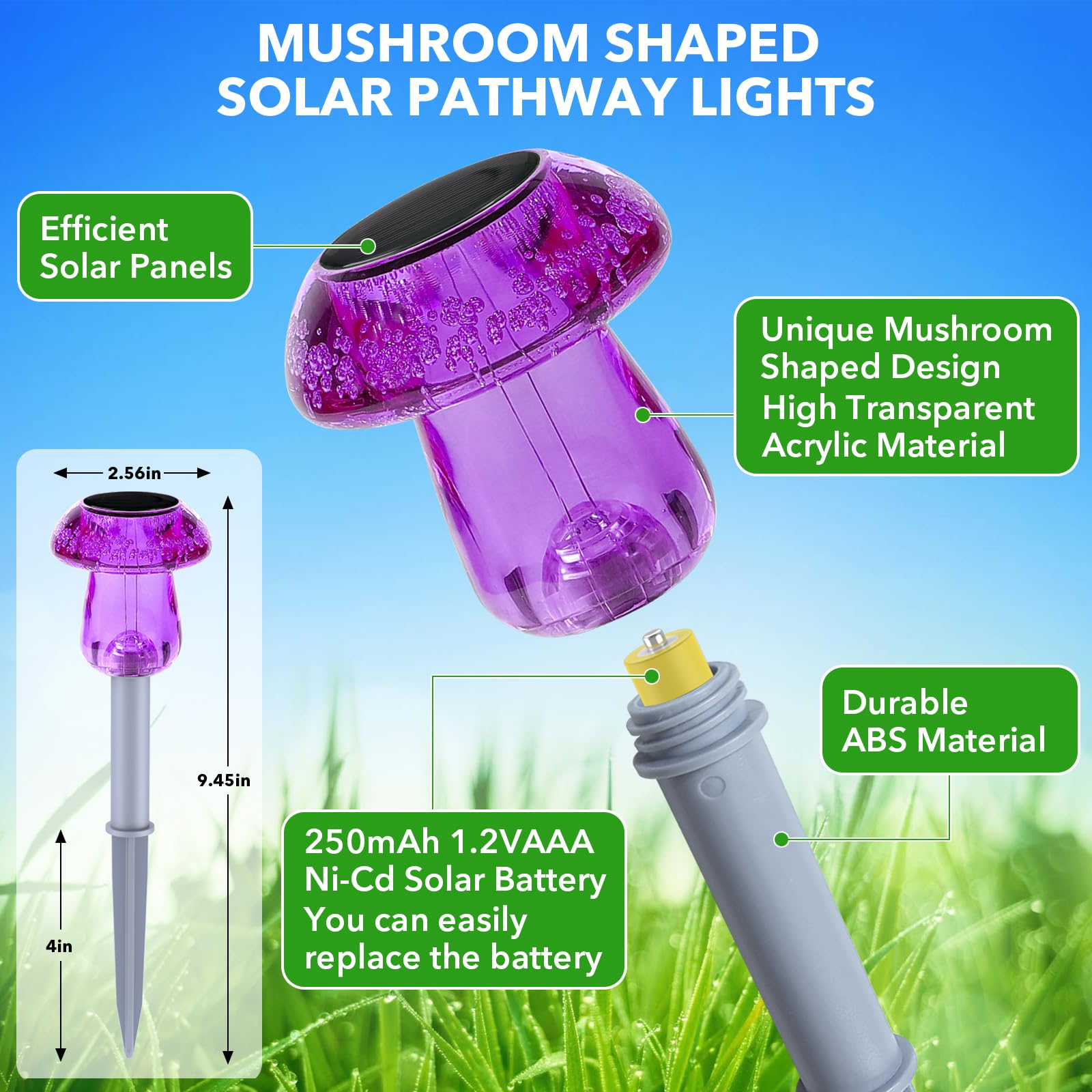 Benany Solar Powered LED Mushroom Lights, 16 Pack, Waterproof, Purple, for Garden & Pathway, Model MU001lights