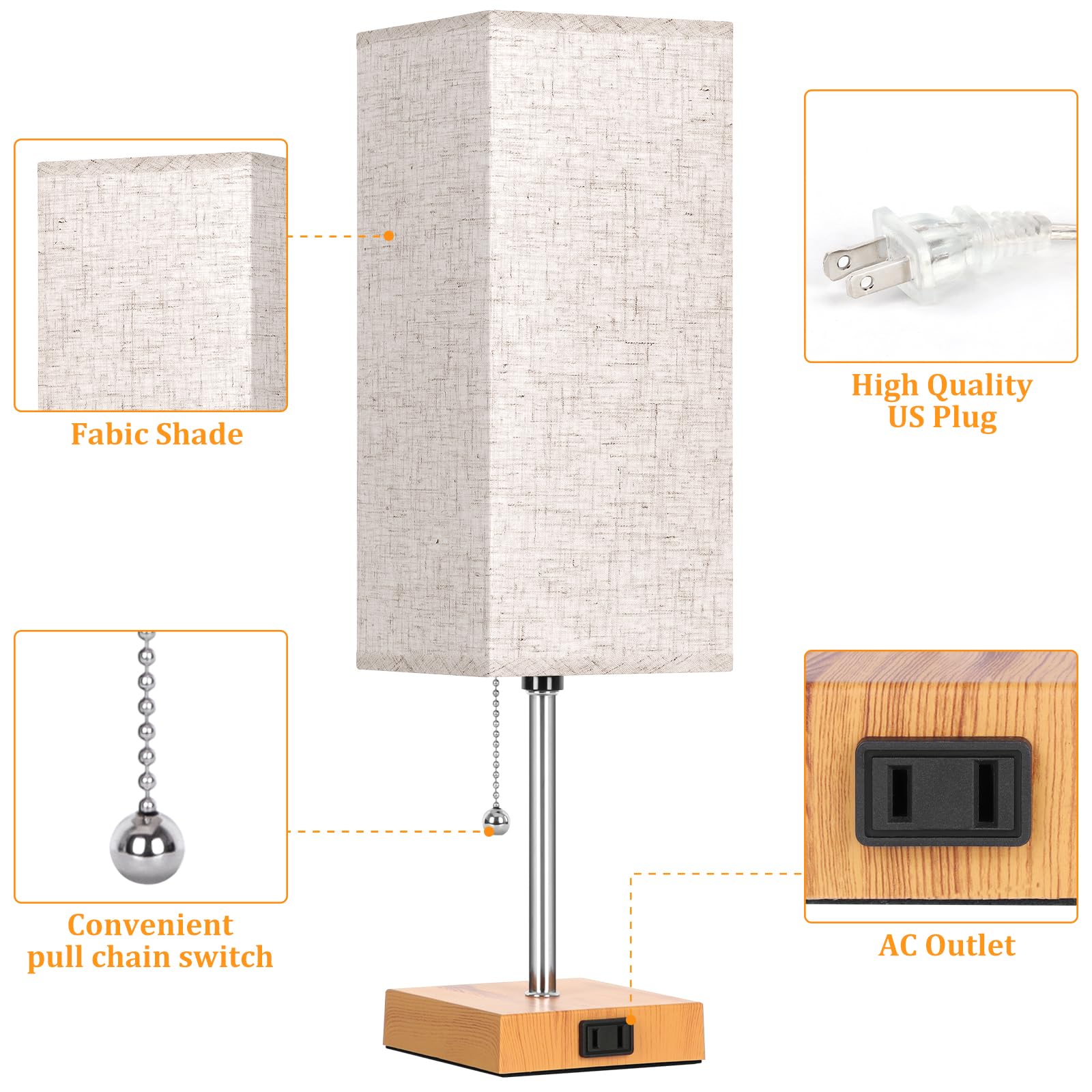Dott Arts Table Lamp Set of 2, 18in Wood+Cream, 3-Color Bedside Lamps with Pull Chain and AC Outlets, Model PTL6W-024