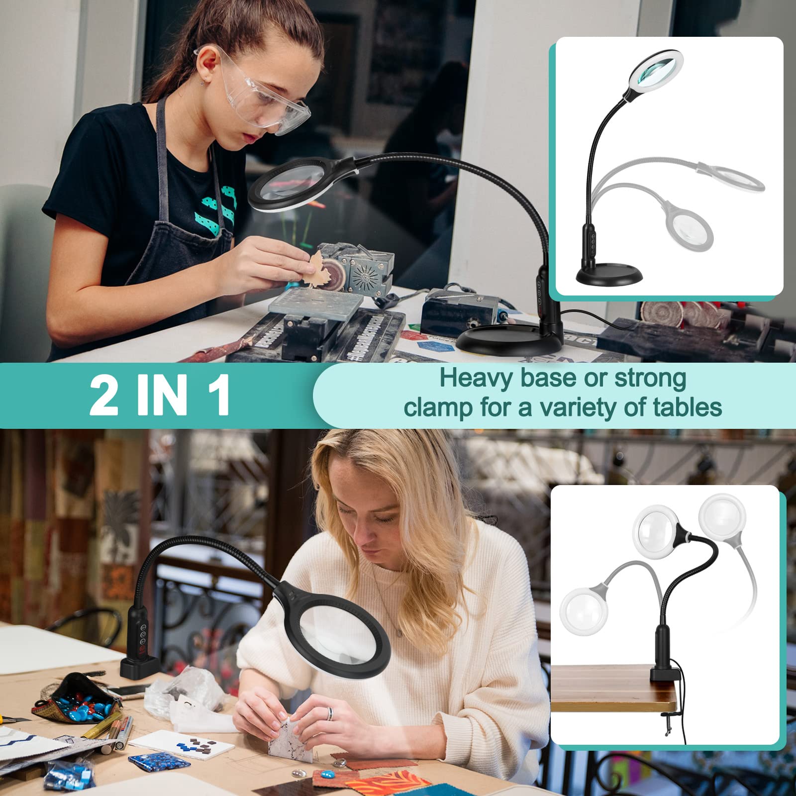 TOMSOO 10X Magnifying Glass with Light, Green, Aluminum, Model GKB41GTM, Stepless Dimmable, Flexible Gooseneck for Crafts and Hobbies