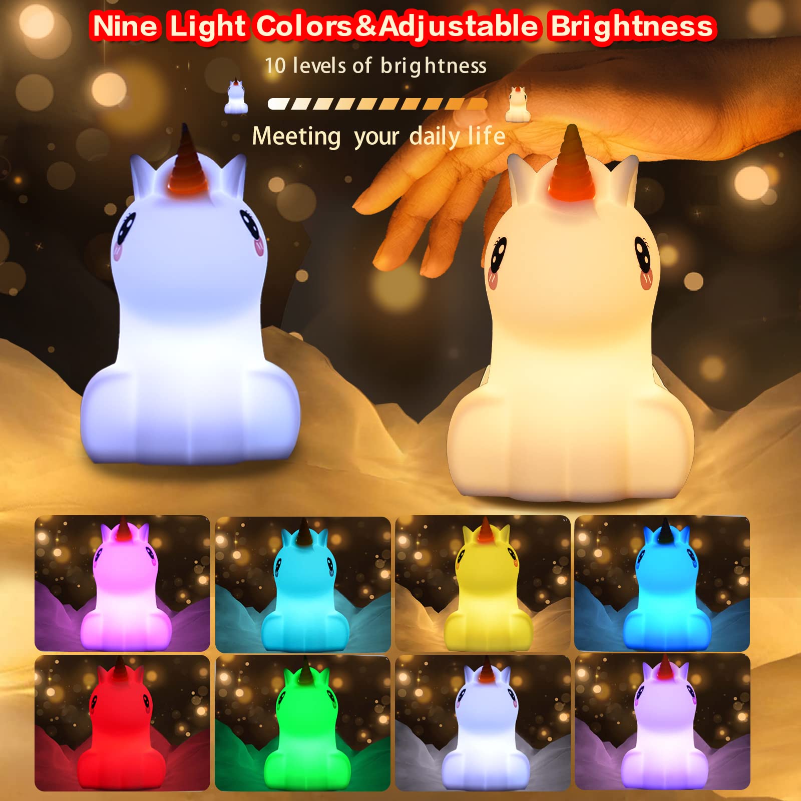 WHA&DARREN Large Unicorn Night Light for Kids,Cute Baby Night Light, Silicone Bedside Lamp,Sleep LED Lights, Eye Caring, Adjusta