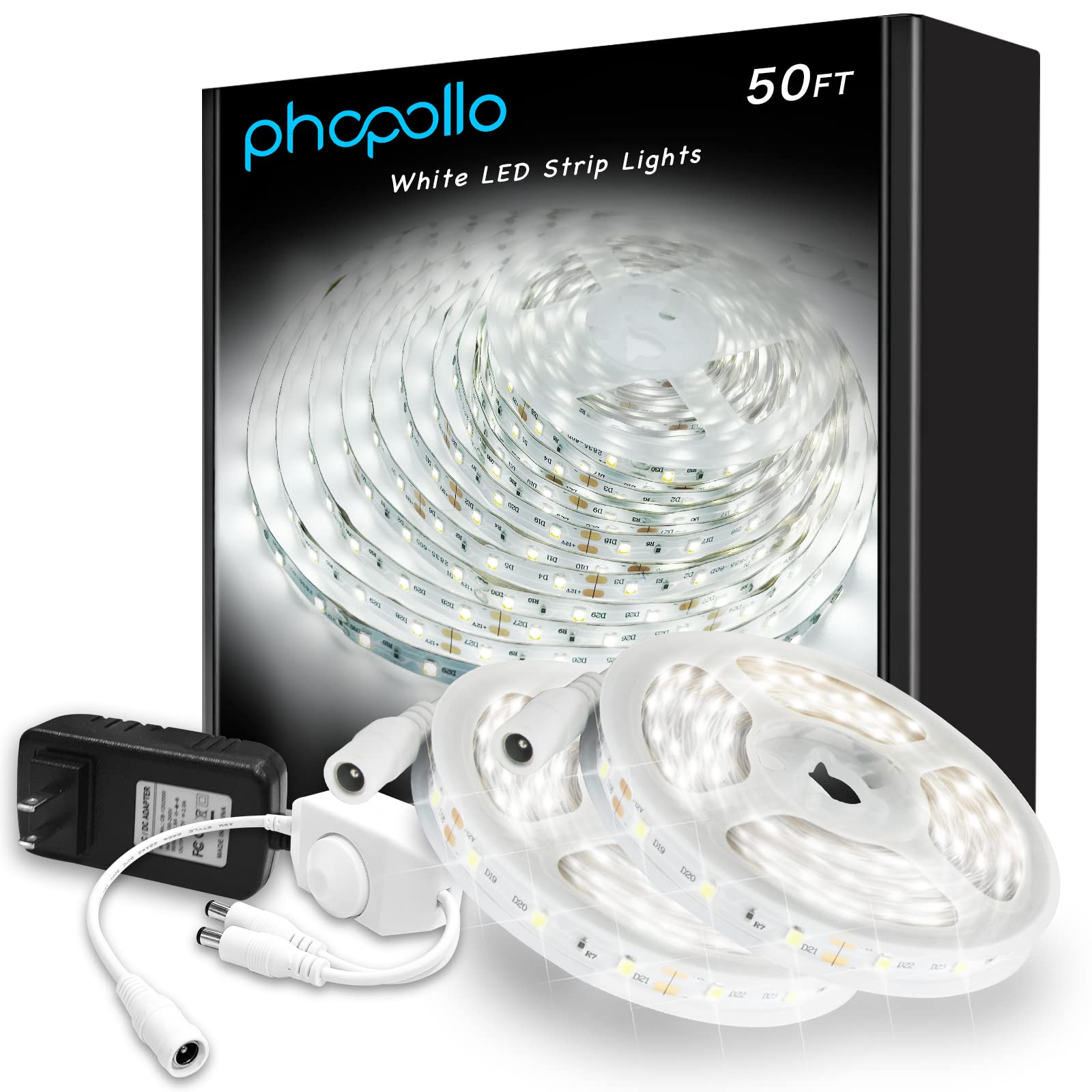 phopollo LED Strip Lights, 50ft Dimmable 6500k Daylight White, 900 LEDs, Flexible for Bedroom, Kitchen, Mirror