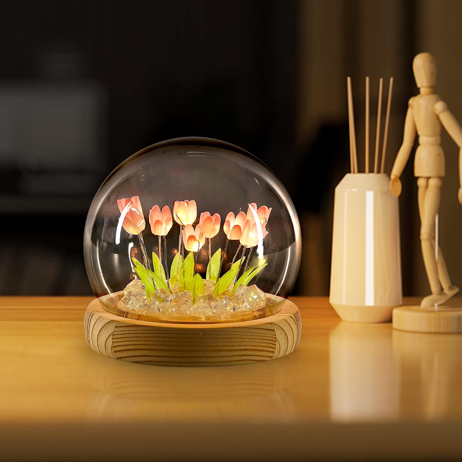 Onxe Mothers Day Gifts For Mom From Daughter, Tulip Night Light Glass Flower Lamp With Wooden Base For Home Decor Unique Romanti