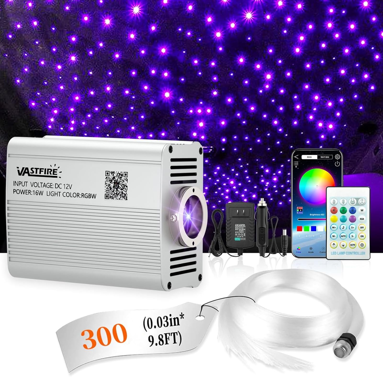 VASTFIRE Starlight Headliner Kit - 300pcs Fiber Optic Star Lights, 16W RGBW, Twinkle & Music Sync, Silver, Model: Starlight Kit