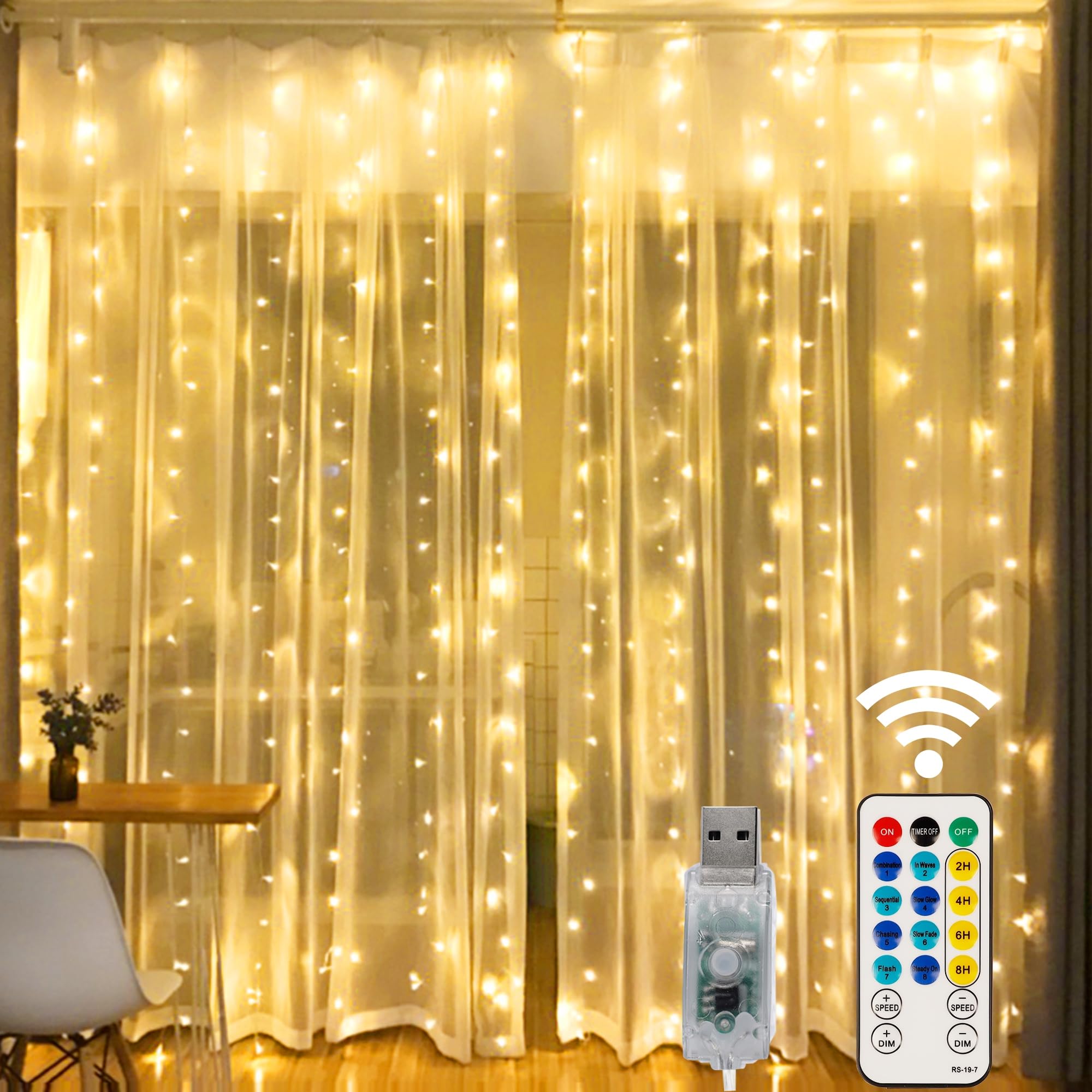 HOME LIGHTING Window Curtain String Lights, 300 LED, Warm White, Copper, 8 Lighting Modes, USB Powered for Christmas Party Decorations