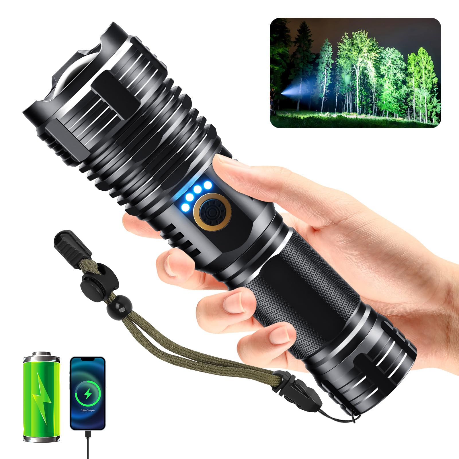 Sinvimes 990000Lm Rechargeable Tactical Flashlight, 5 Modes, Waterproof, Zoomable, Black