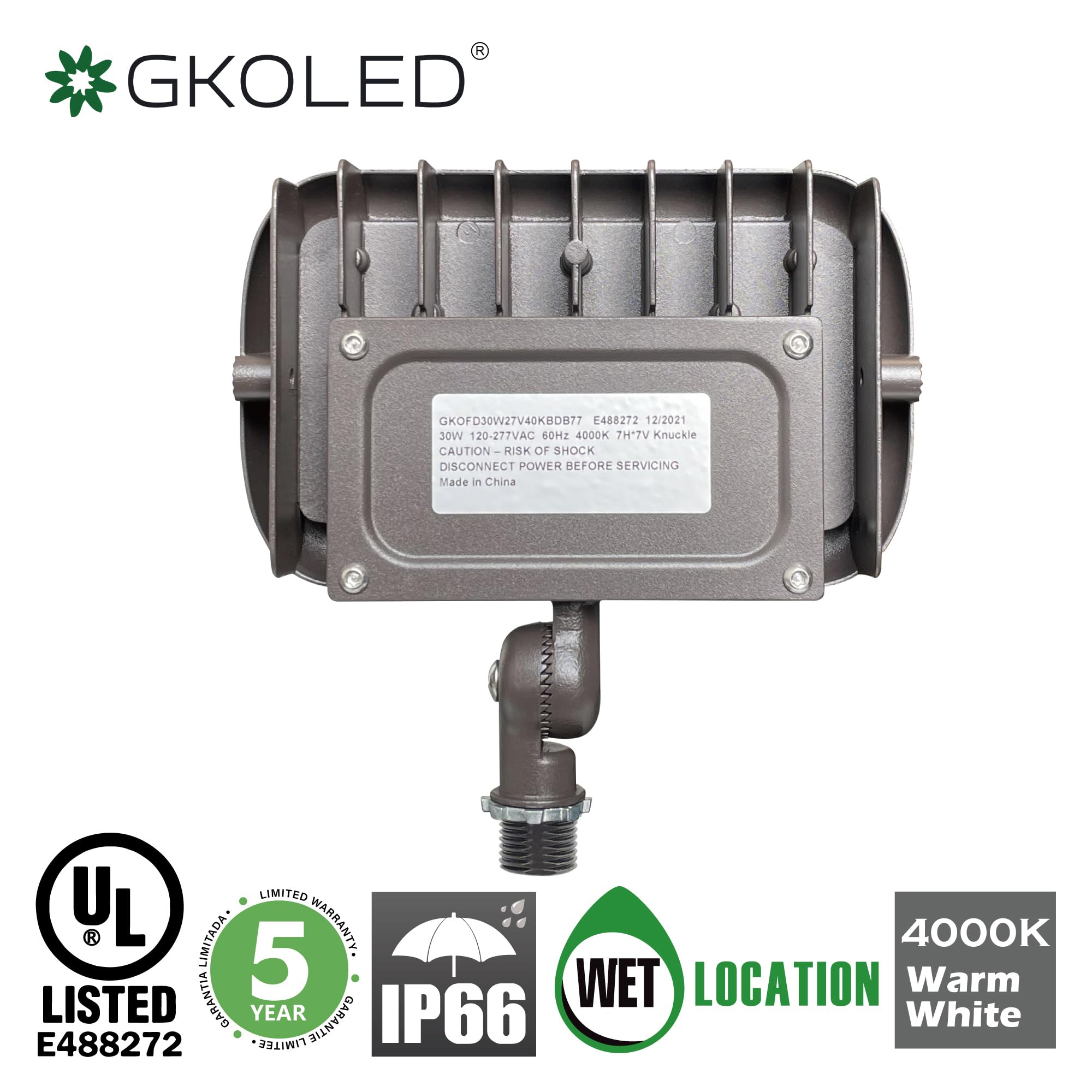Gkoled 30W Led Floodlight, Outdoor Security Fixture, Waterproof, 100W Psmh Replace, 3000 Lumens, 4000K Cool White, 70Cri, 120-277V, 1/2&quot; Knuckle Mount, Ul-Listed