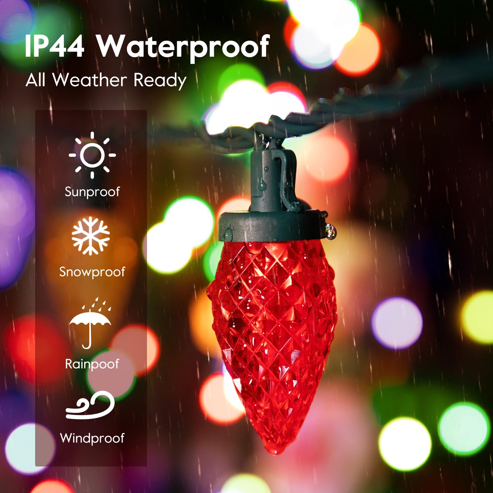 Brightown C9 LED String Lights, 66ft, 100 Waterproof Lights, Green Wire, Red & Warm White, Model 5-100-2F/B-033