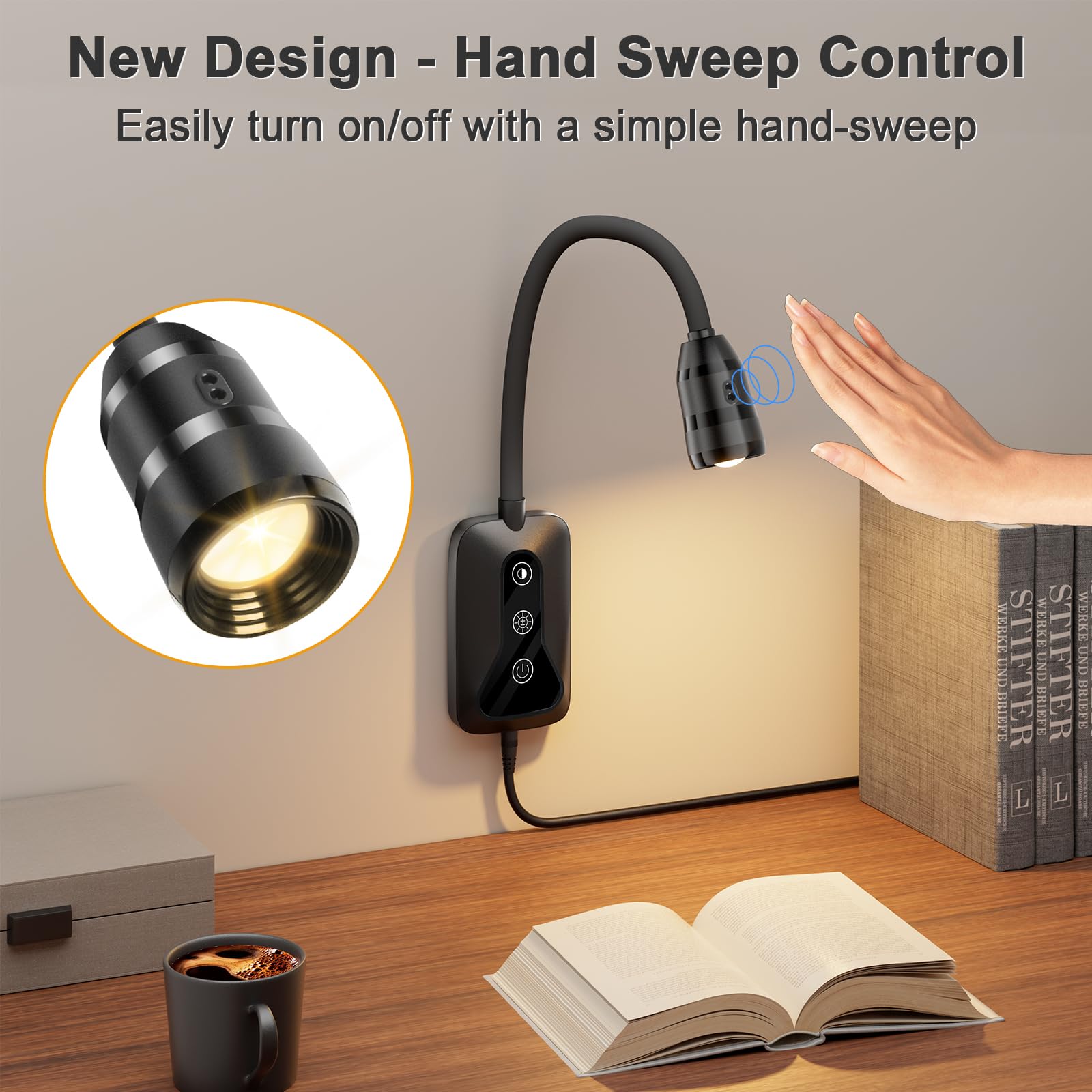 Huaeu Wall Mounted Led Reading Light For Bed Headboard - 5 Color & Brightness Levels Dimmable Book Light With Touch/Wave Control