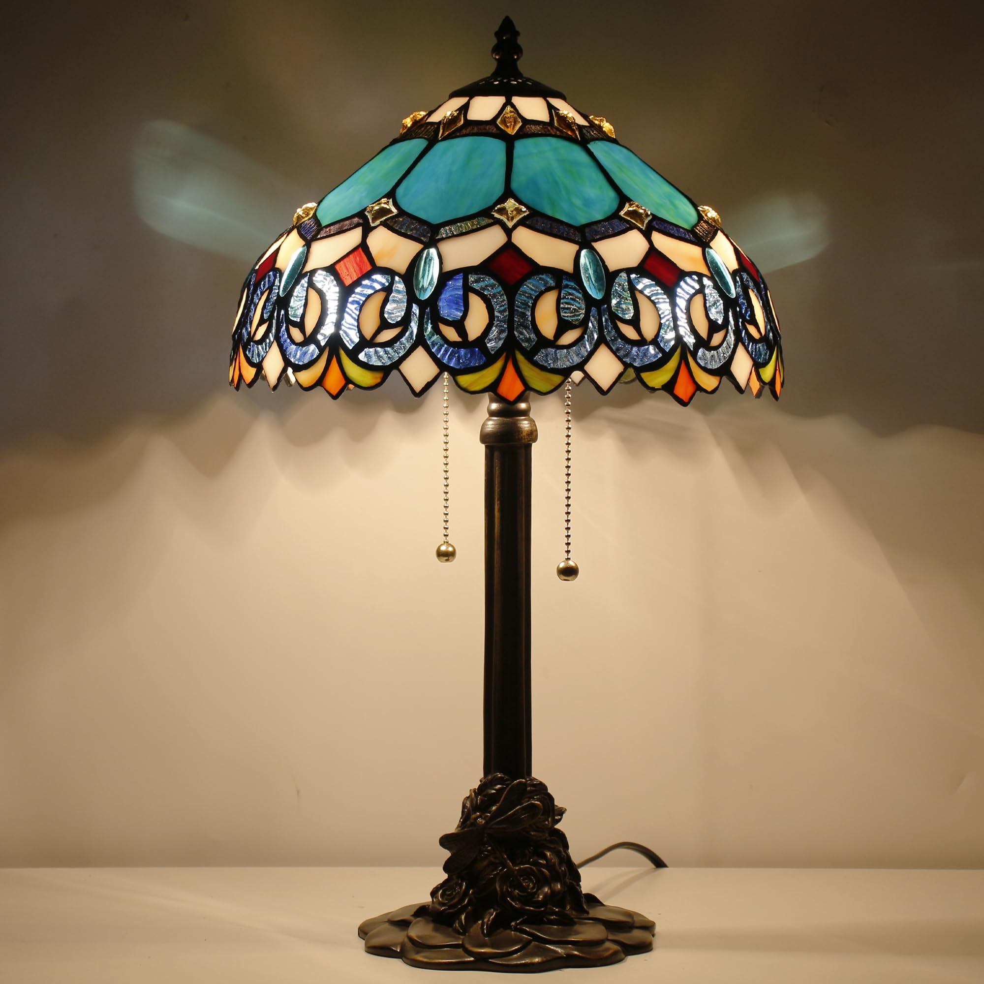ANYONGLU Table Lamp Stained Glass Desk Lamp 12X12X21Inch Resin Base for Bedroom Living Room Reading Light (Blue Jewelry Baroque)